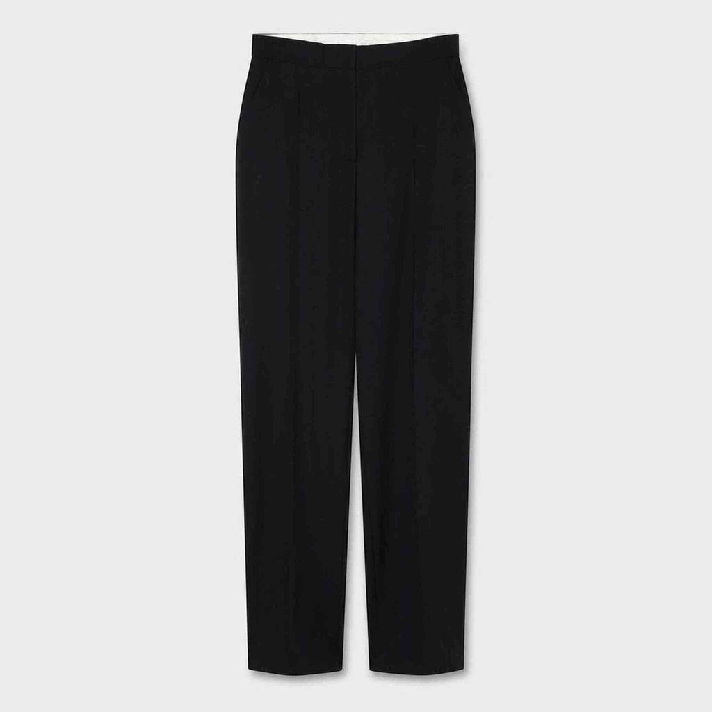 Maison Sarava black tailored wide leg trousers with a high waist and classic cut, perfect for office or evening wear.