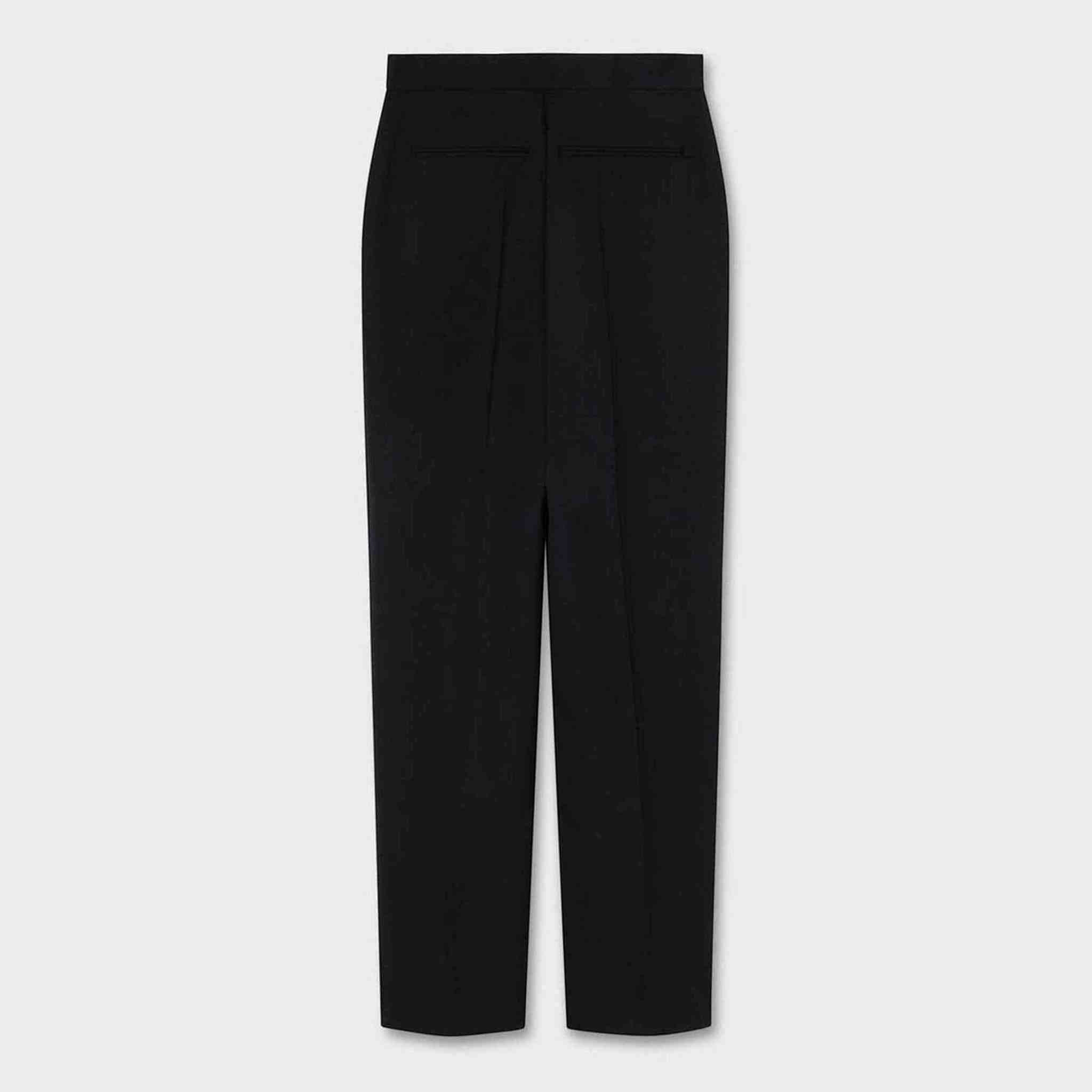 Maison Sarava black tailored wide leg trousers with high waist and pleats.