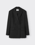 Maison Sarava women's black wool double-breasted blazer with peak lapels and two front flap pockets.