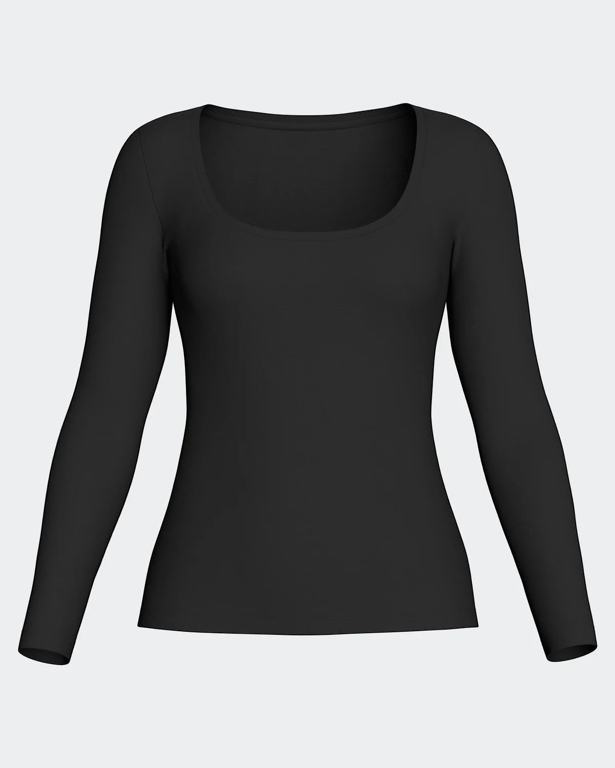 Maison Sarava black long sleeve scoop neck tee made from a soft blend of Merino wool and Lyocell for temperature regulation.