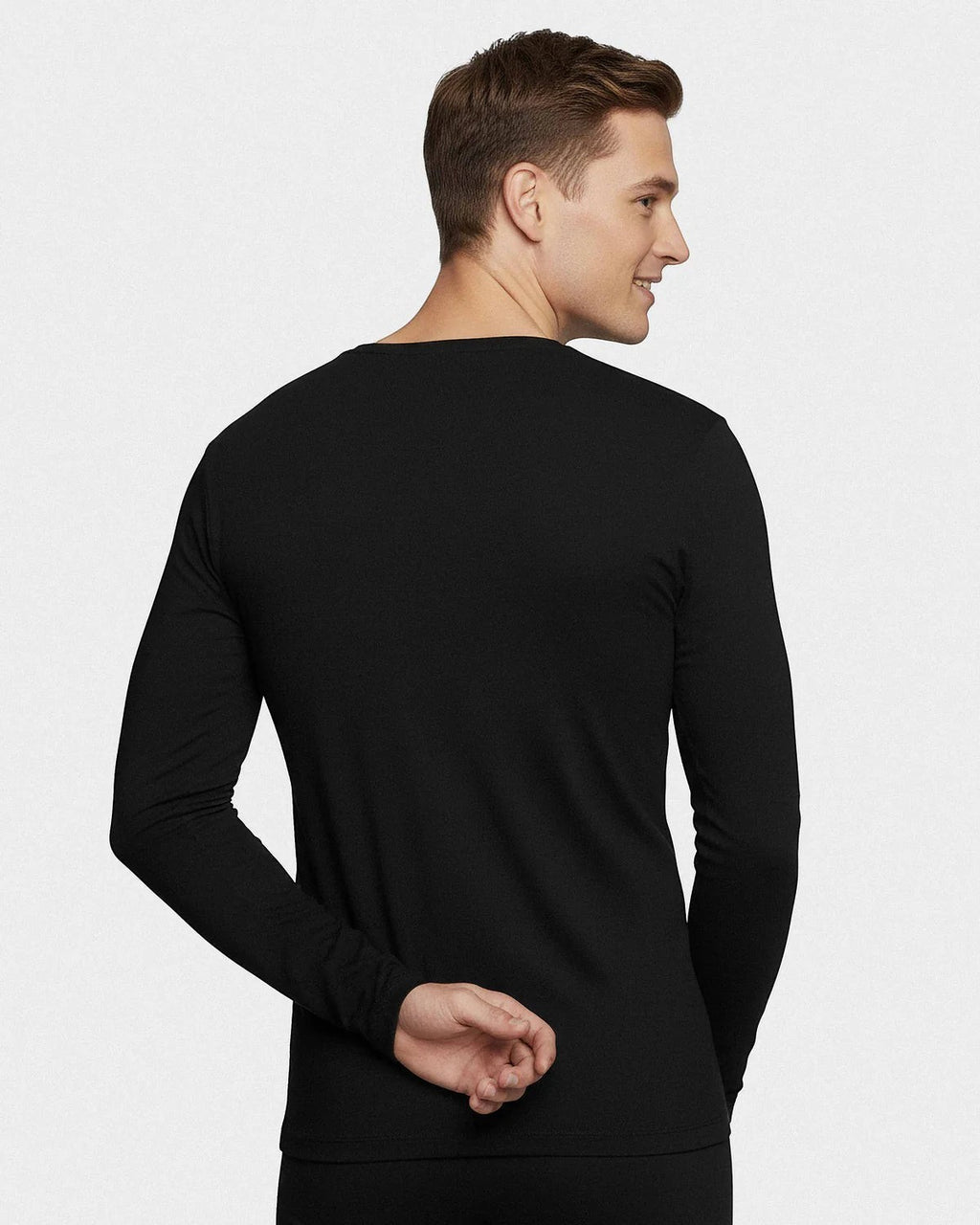 Maison Sarava black long-sleeved V-neck t-shirt for men, made from premium Merino wool and Lyocell blend.