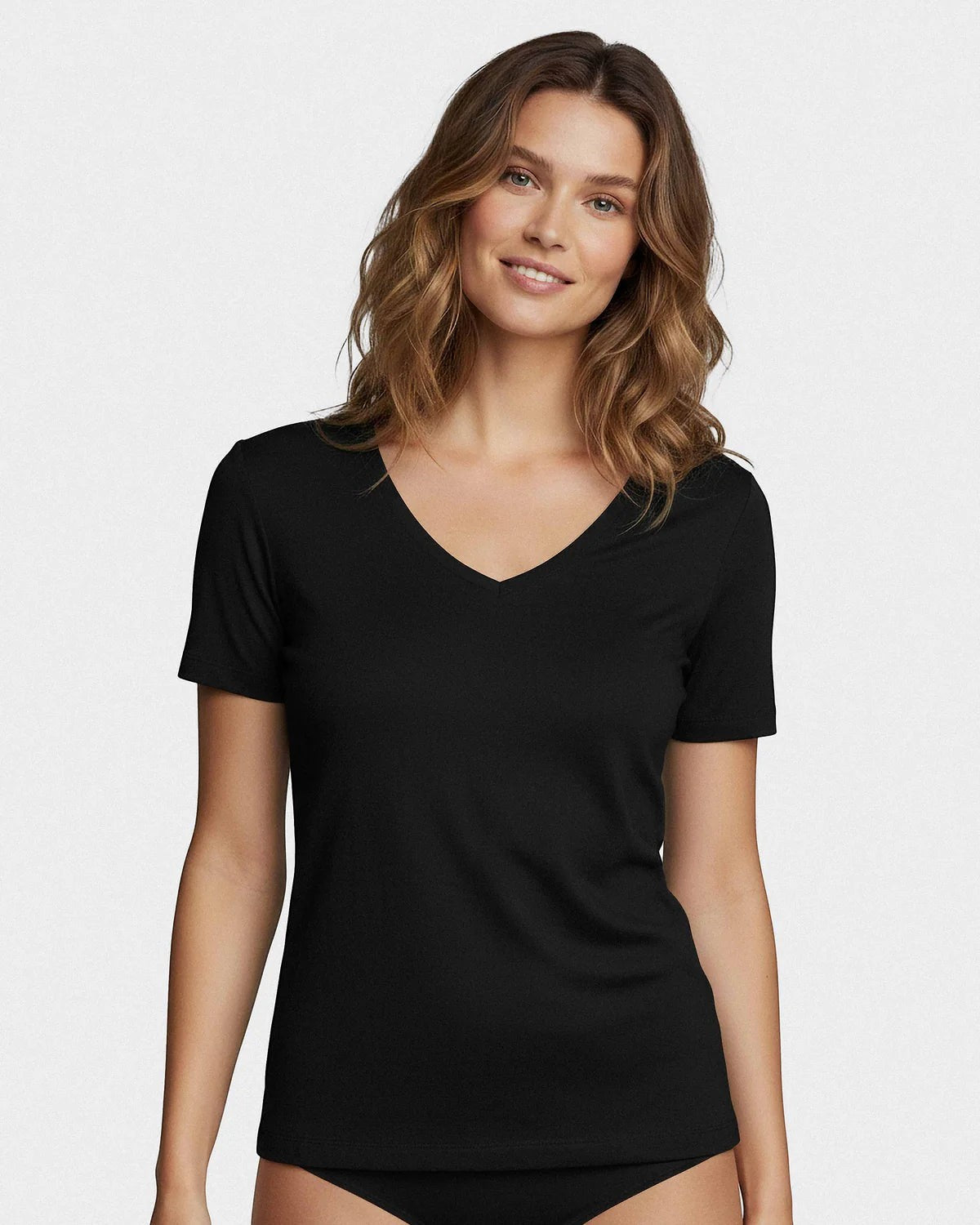 Maison Sarava black V-neck short sleeve t-shirt made from premium wool and Lyocell blend.