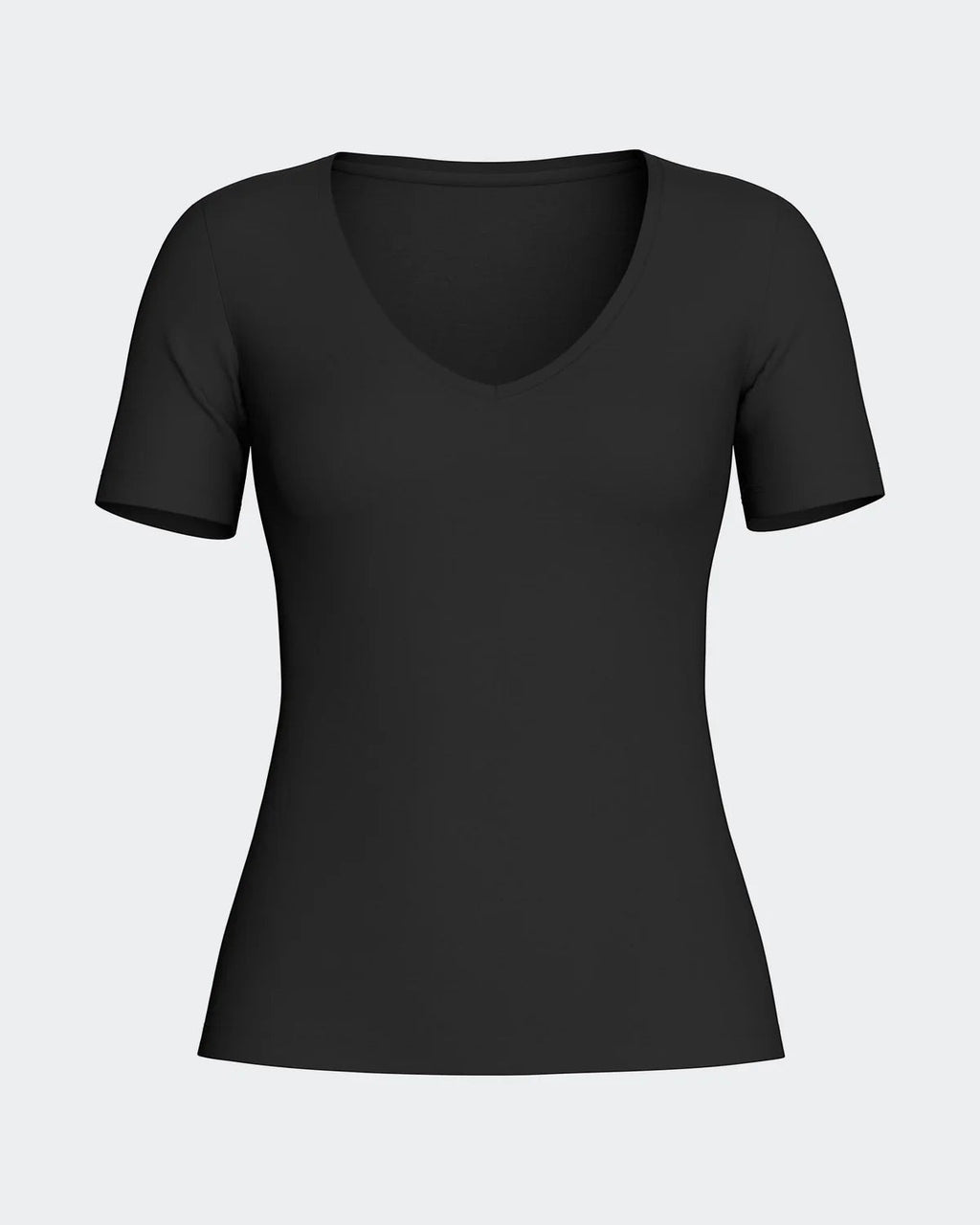 Maison Sarava black short sleeve V-neck t-shirt made from premium wool and Lyocell.