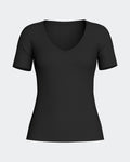 Maison Sarava black short sleeve V-neck t-shirt made from premium wool and Lyocell.