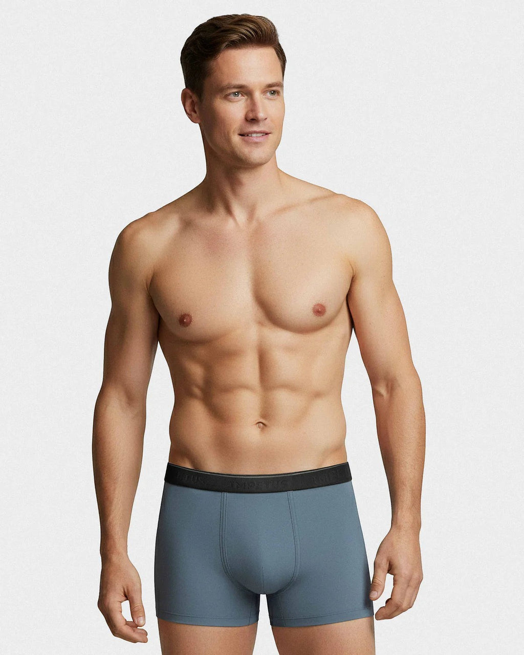 Maison Sarava men's slate blue cotton blend boxer briefs with black elastic waistband.