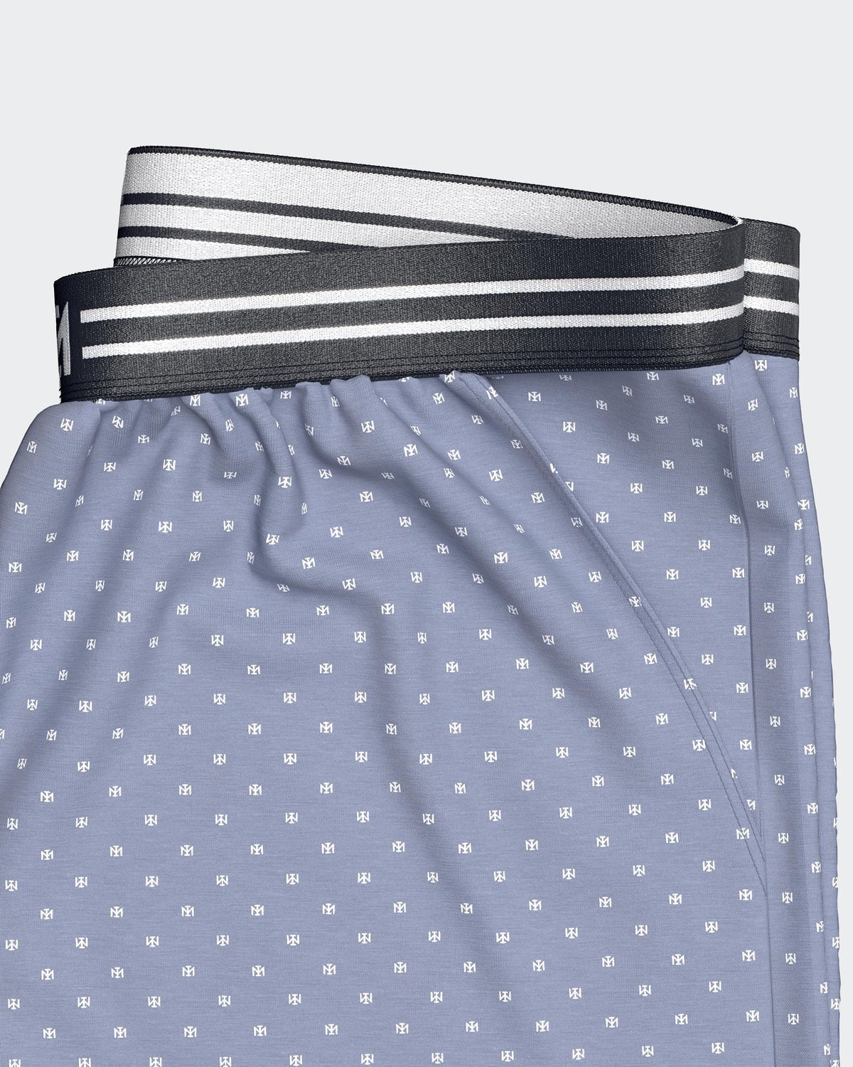 Maison Sarava men's light blue 100% cotton lounge shorts with white micro logo pattern and striped elastic waistband.