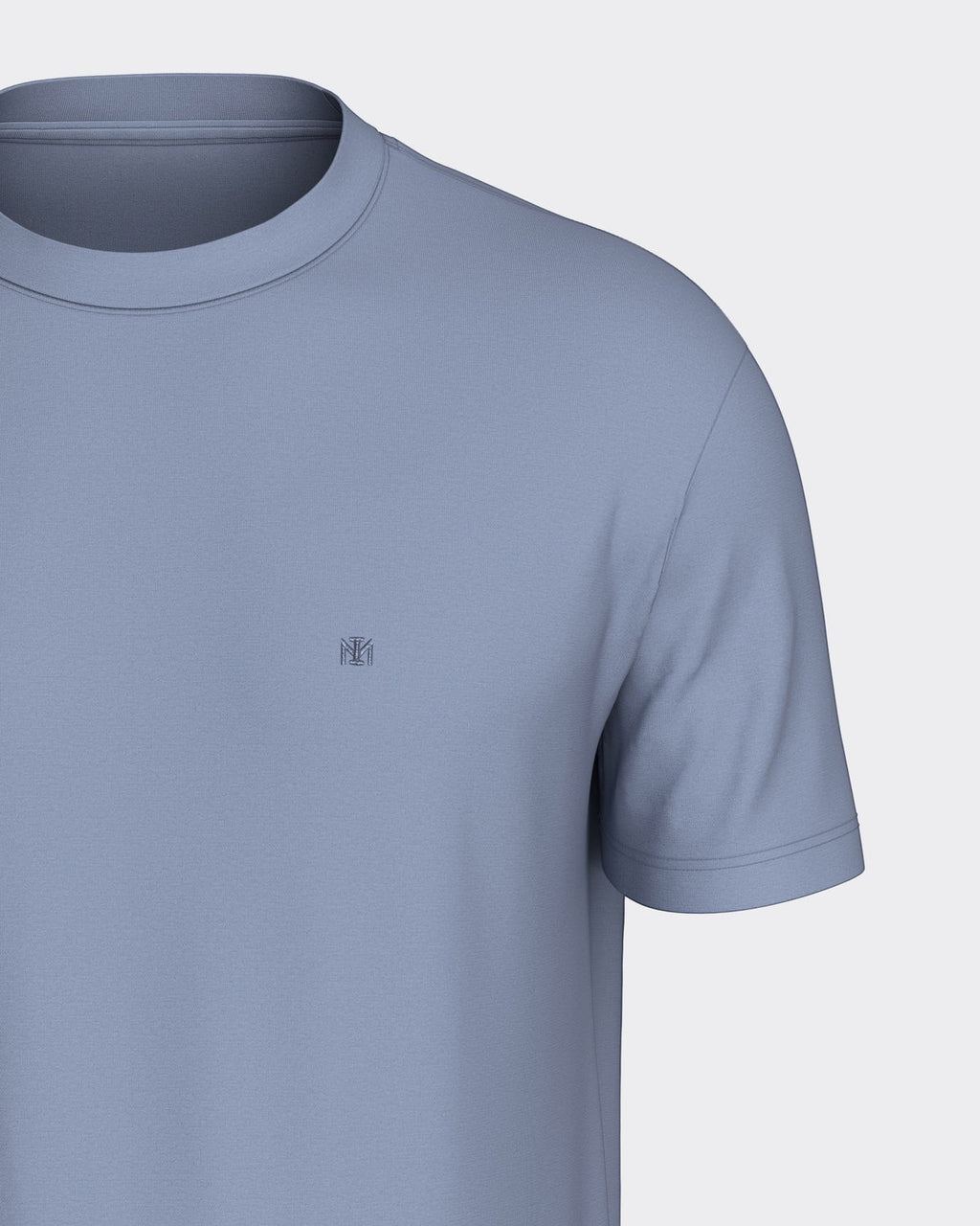 Maison Sarava men's light blue cotton t-shirt with round neckline and subtle chest embroidery.