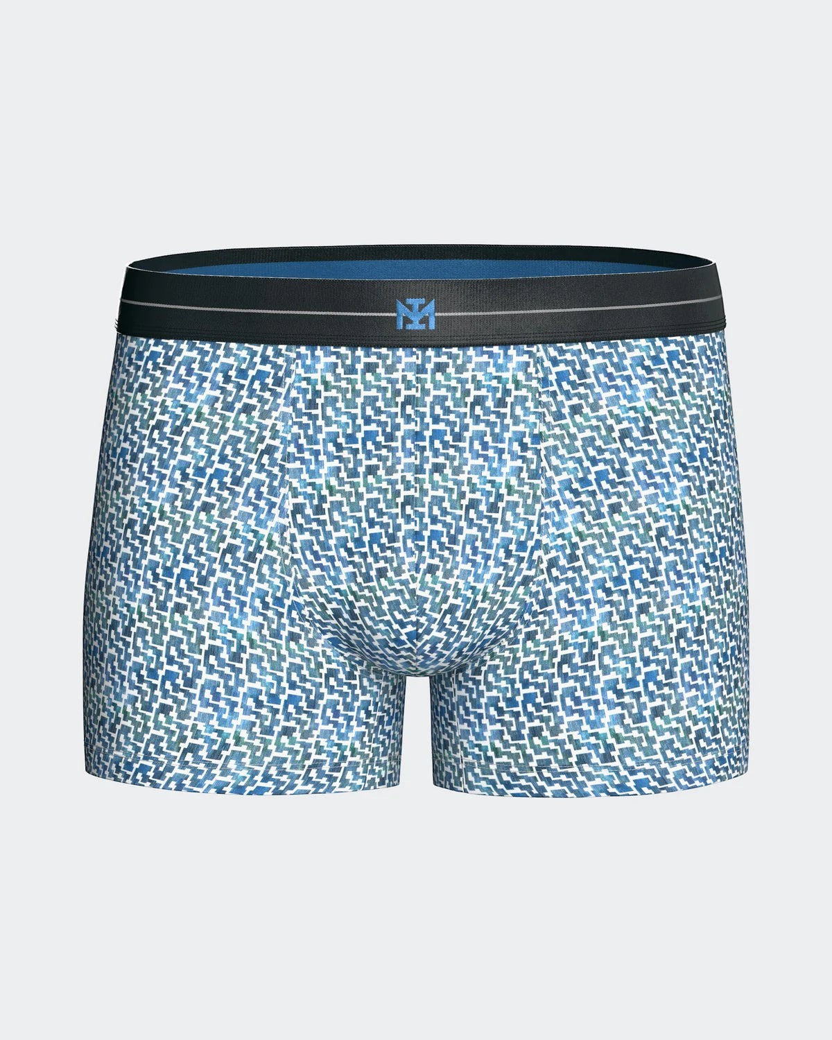 Maison Sarava men's blue geometric print cotton boxer briefs with elasticated waistband.