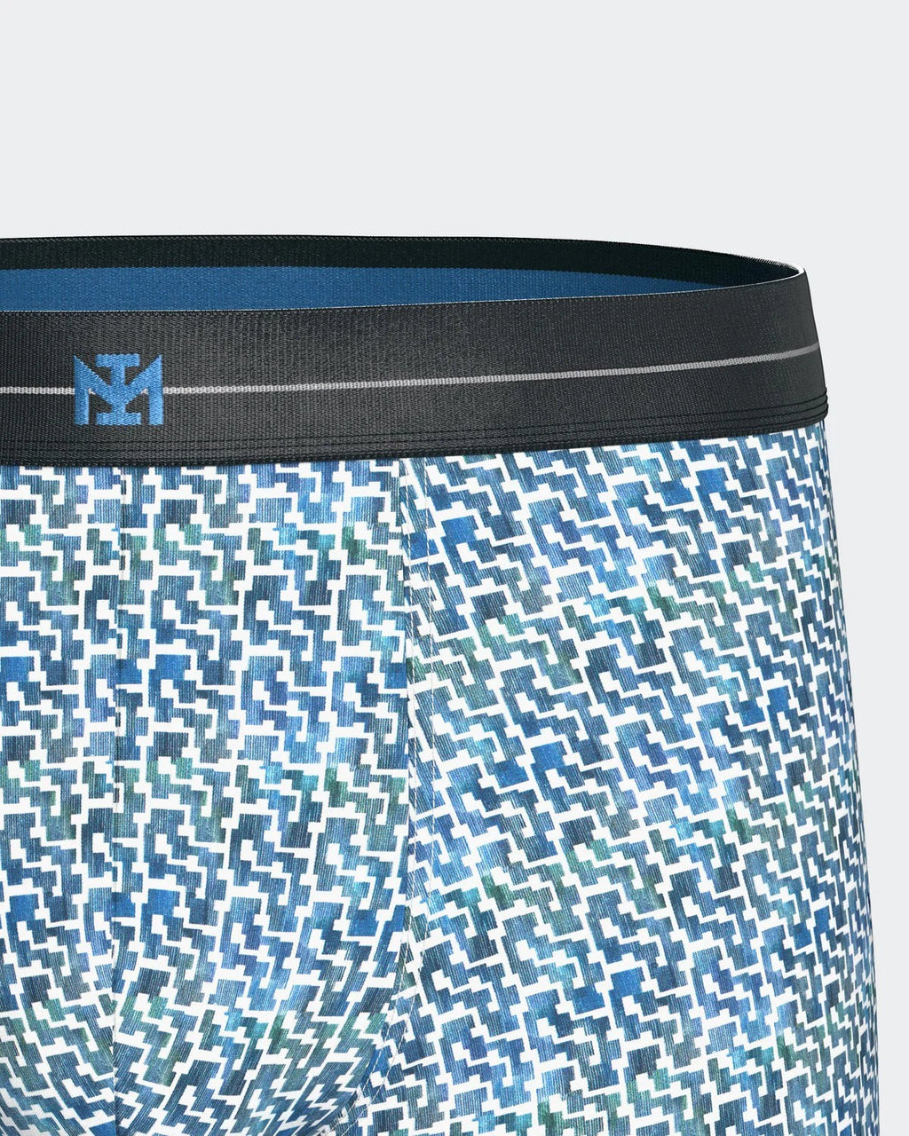 Maison Sarava men's blue geometric print cotton boxer briefs with elasticated waistband.