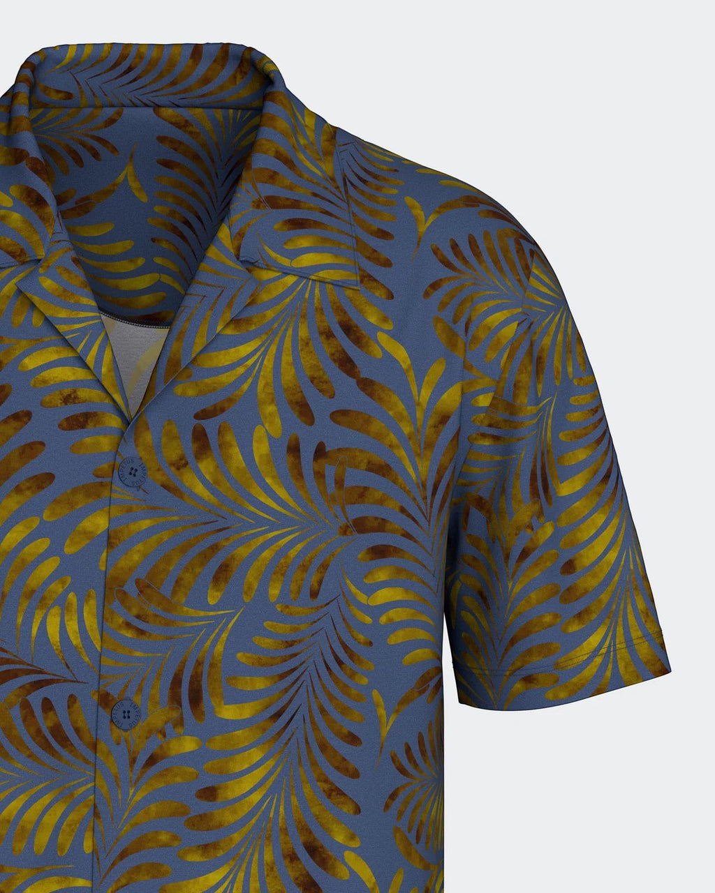 Maison Sarava men's blue lyocell short sleeve lounge shirt with tropical leaf print and lapel collar.