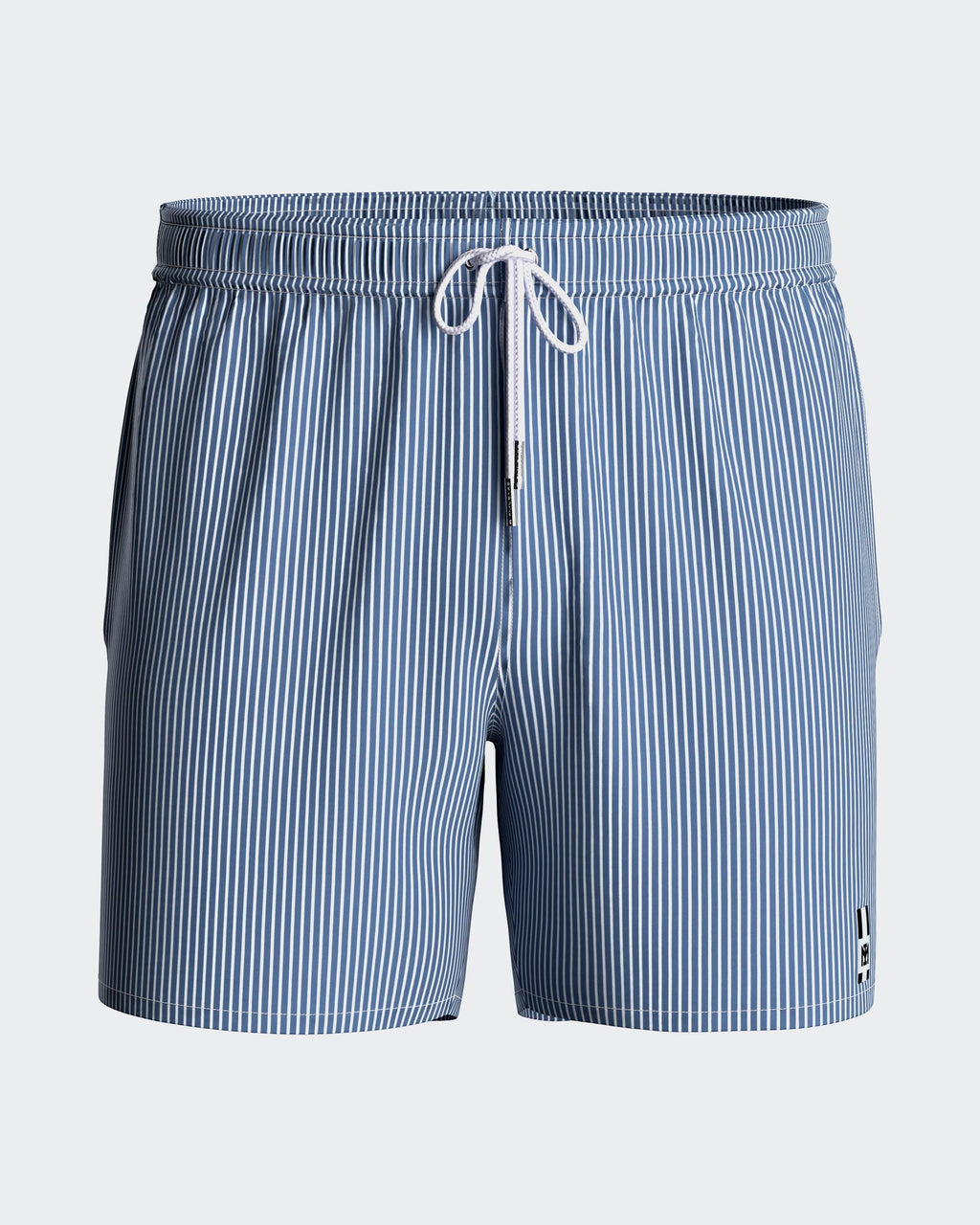 Maison Sarava blue and white striped men's swim shorts with drawstring and side pockets.