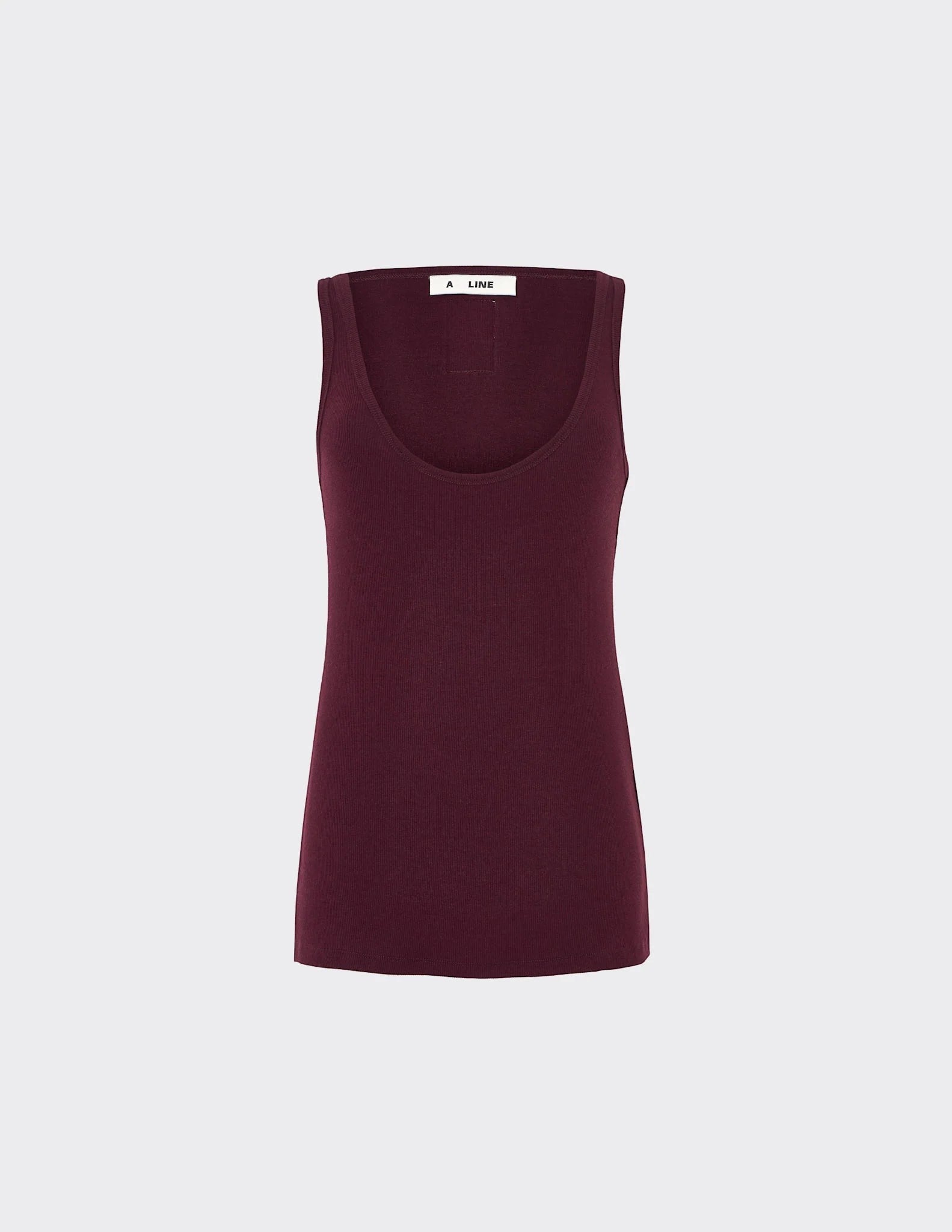 Maison Sarava women's burgundy ribbed jersey tank top with round neckline and form-fitting silhouette.