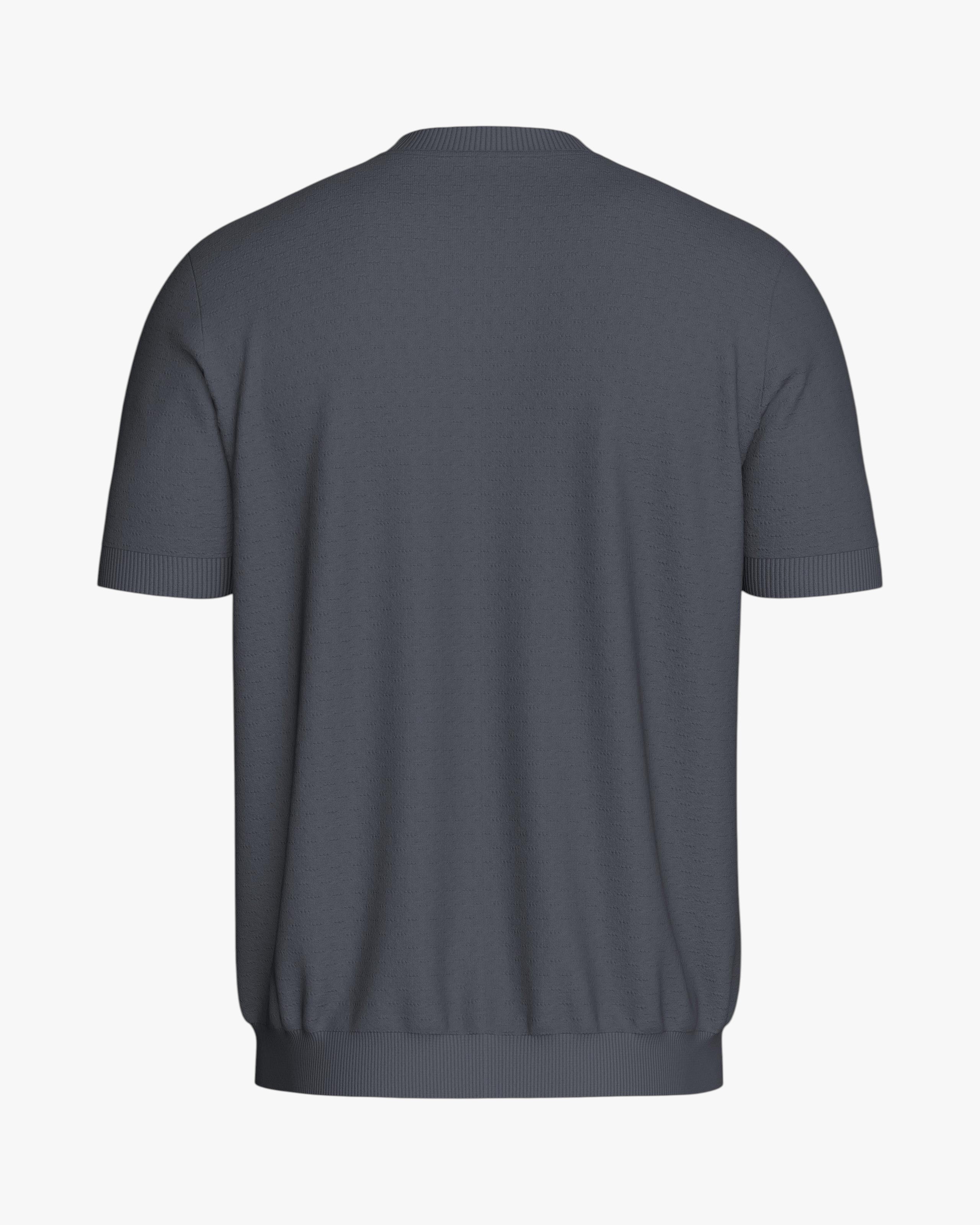 Maison Sarava charcoal grey short sleeve knit top in Lyocell with crew neck and ribbed hem.