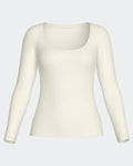 Maison Sarava women's cream long sleeve scoop neck tee made from a soft Merino wool and Lyocell blend.
