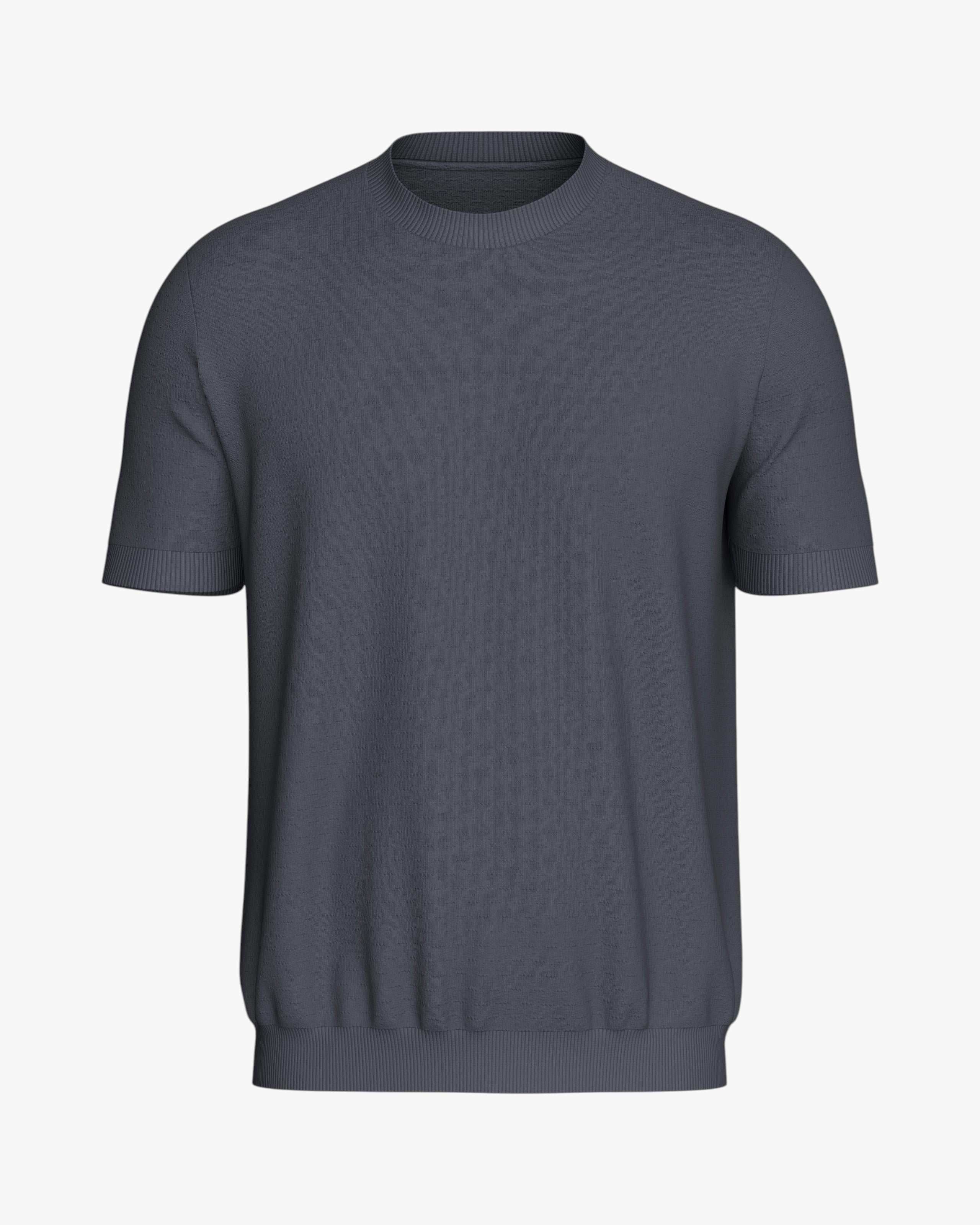 Maison Sarava dark grey short sleeve knit top in Lyocell with crew neck and fine texture.