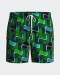 Maison Sarava men's green abstract pattern swim trunks with white drawstring and mesh lining. Quick-dry fabric.