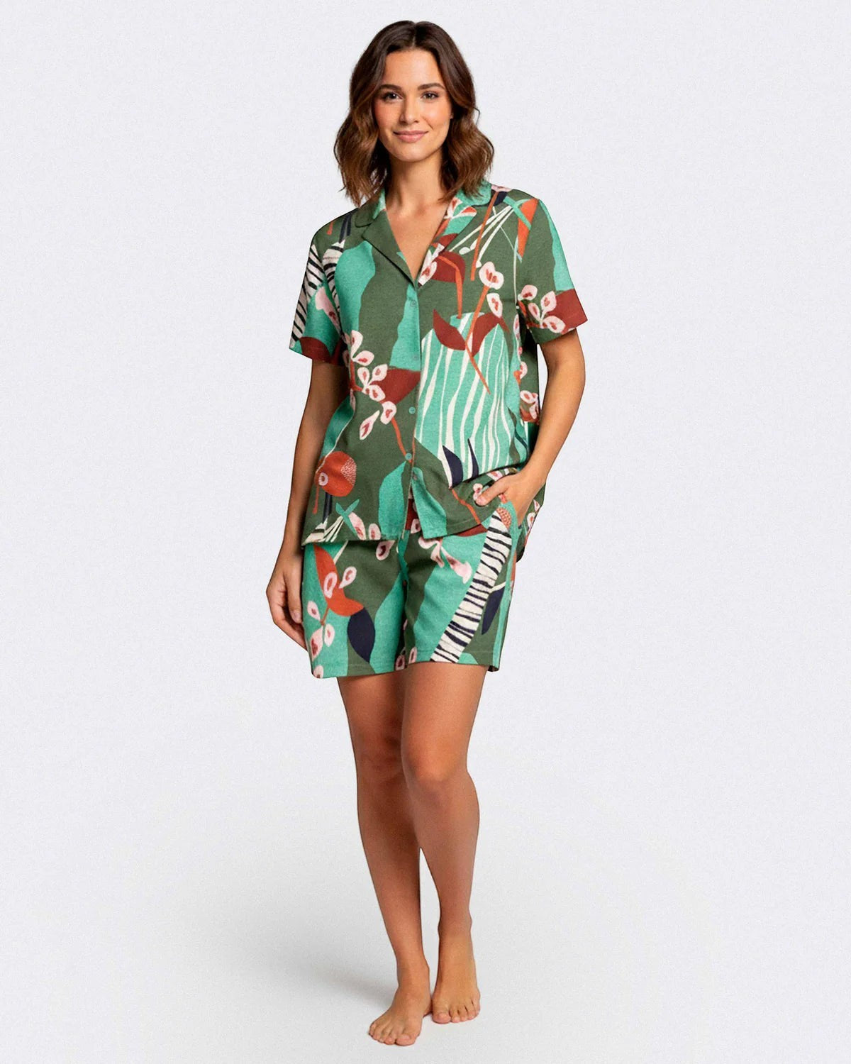 Maison Sarava women's green botanical print modal short sleeve lounge set with lapel collar and button front.
