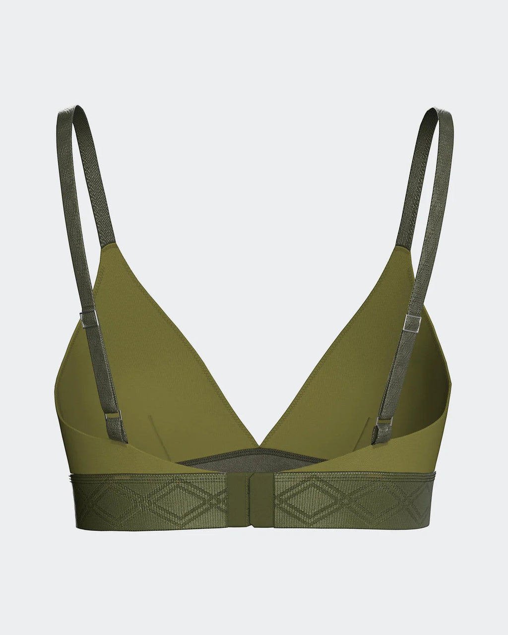 Maison Sarava green Lyocell triangular bra with adjustable satin straps and a patterned elasticated band for support.