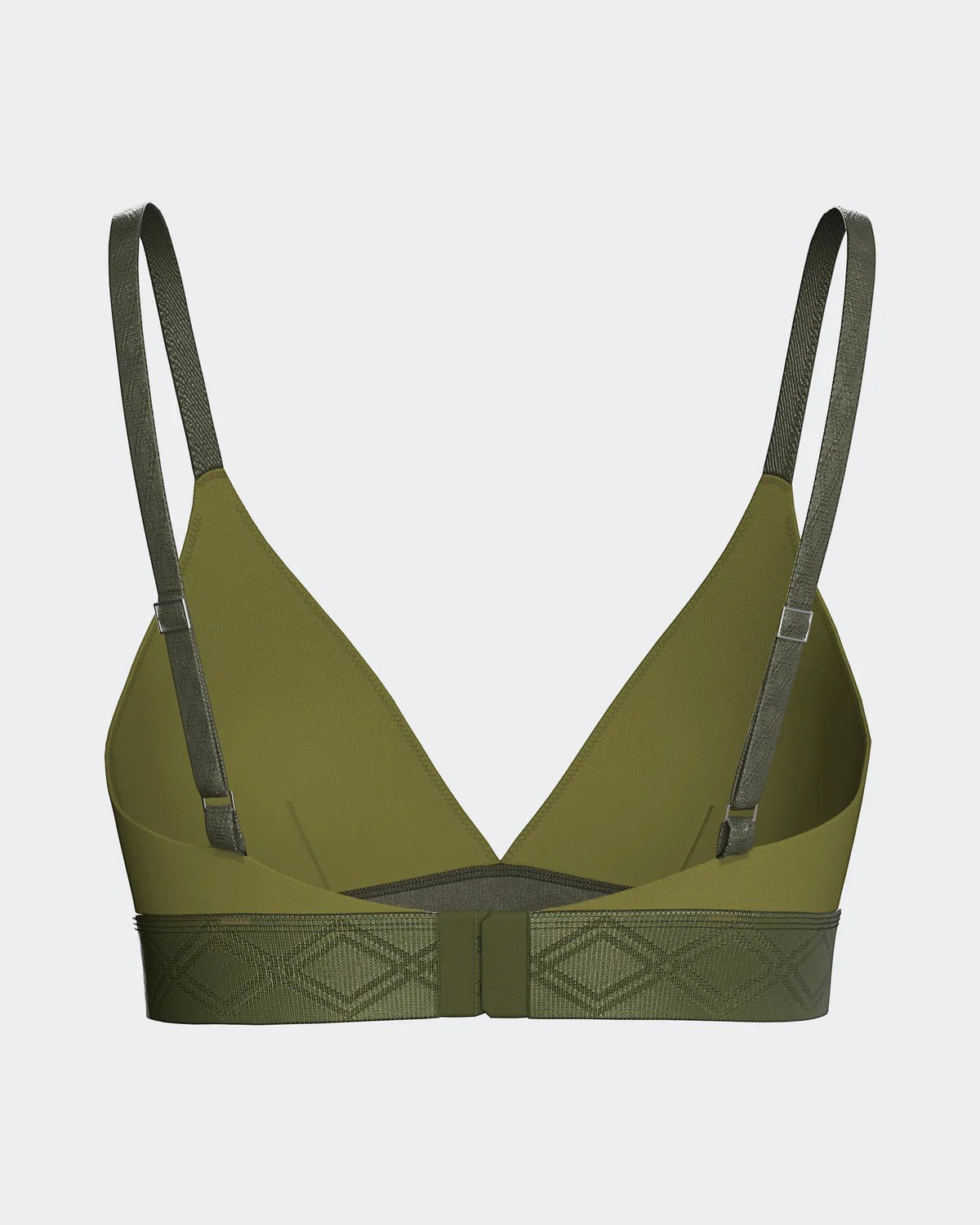 Maison Sarava green Lyocell triangular bra with adjustable satin straps and a patterned elasticated band for support.