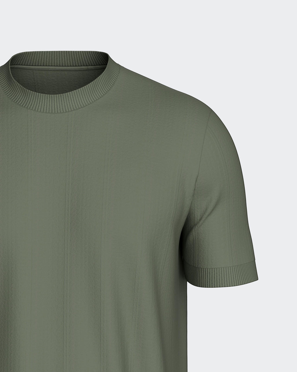 Maison Sarava olive green short sleeve t-shirt made from 100% Lyocell with a ribbed round neckline and subtle vertical texture.