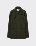 Maison Sarava dark green oversized utility jacket with peaked lapels, four patch pockets, and elbow patches.