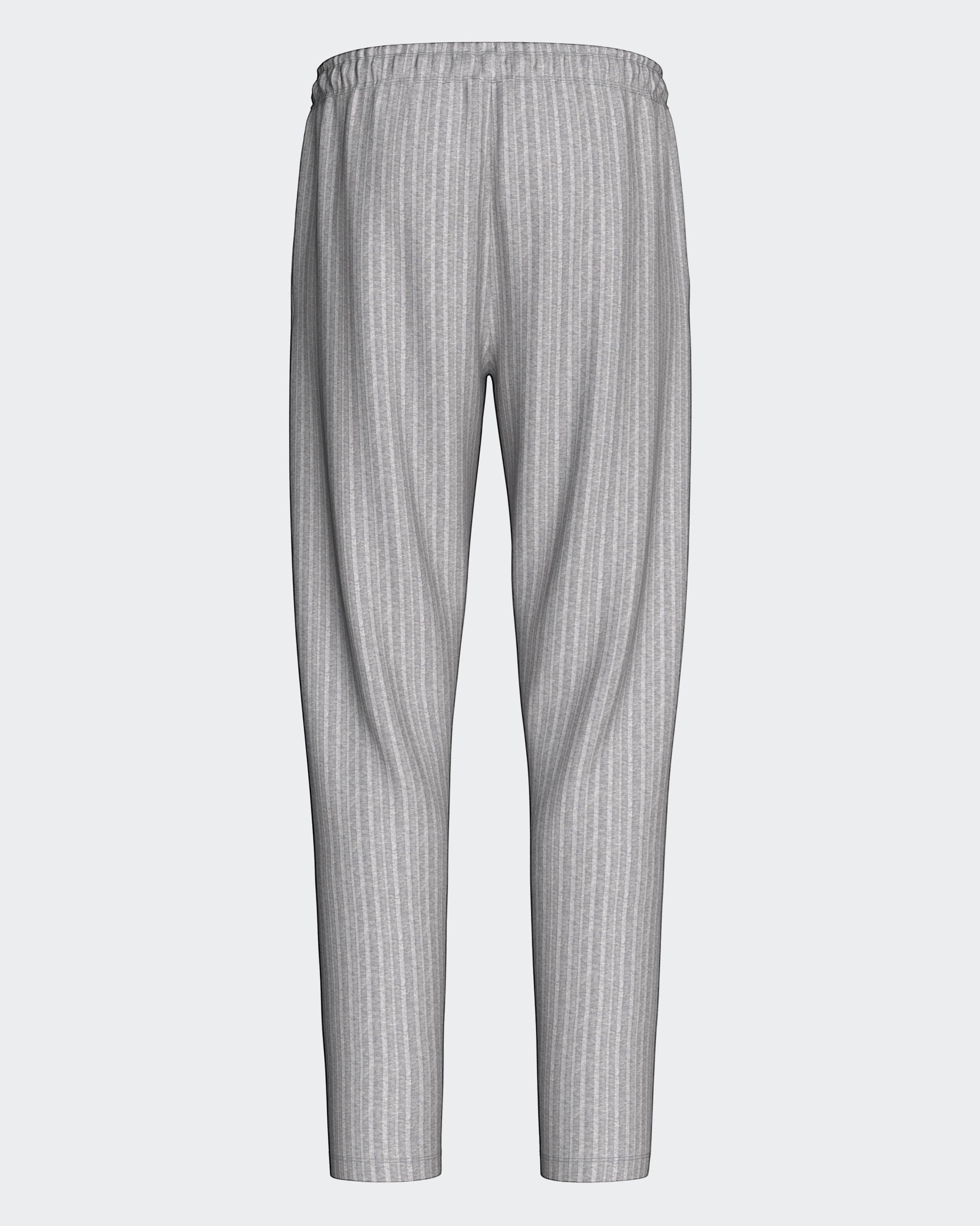 Maison Sarava grey pinstripe lounge pants with drawstring waist and relaxed fit.