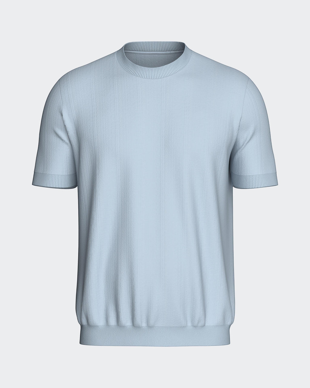Maison Sarava light blue short-sleeved t-shirt in 100% Lyocell with a ribbed round neckline and subtle vertical stripe texture.