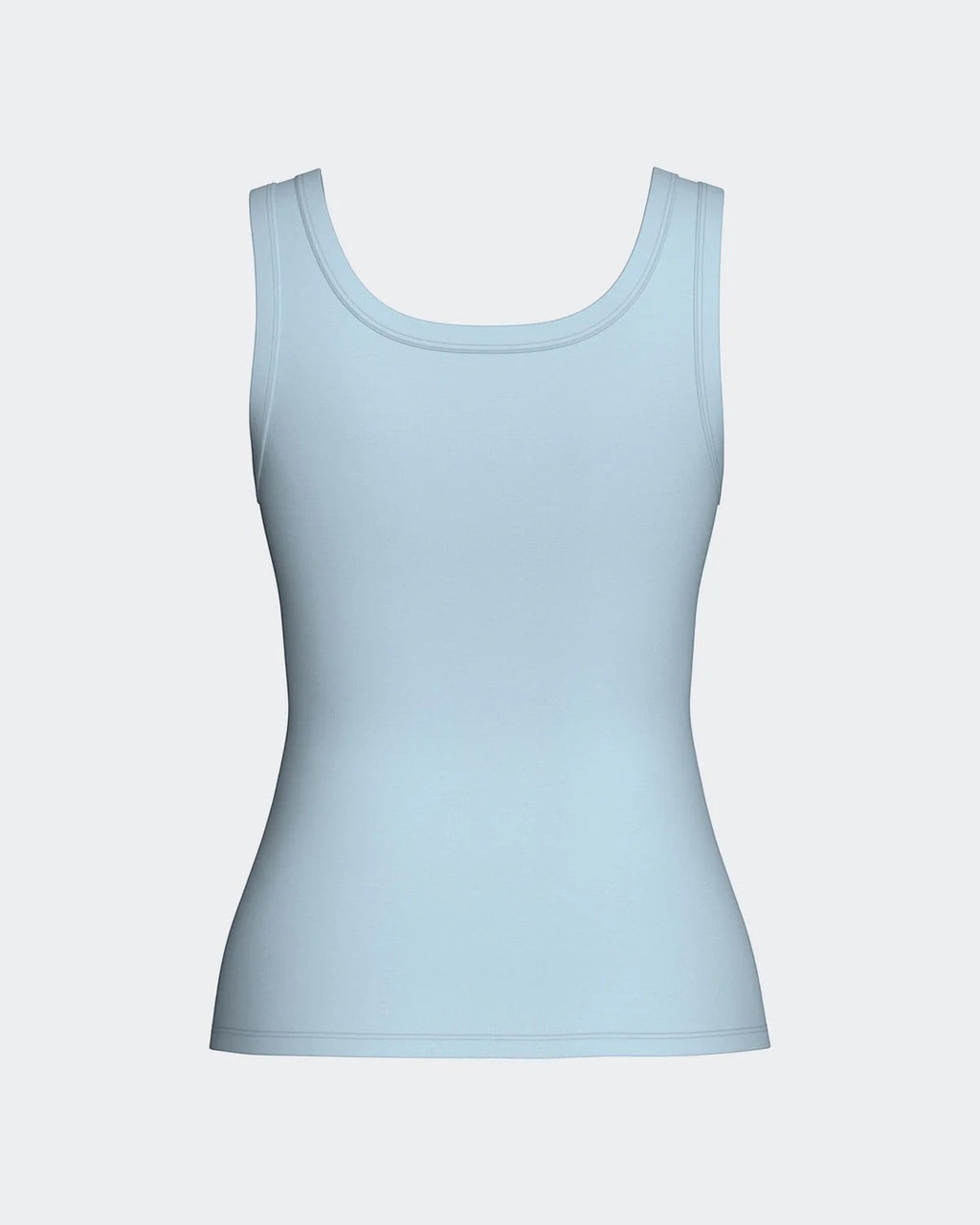 Maison Sarava light blue TENCEL™ Lyocell women's tank top with wide straps and subtle ribbed logo detail.