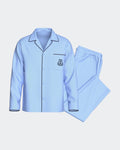 Maison Sarava light blue classic pajama set with black piping on collar, cuffs, pocket, and buttons. Relaxed fit pants.