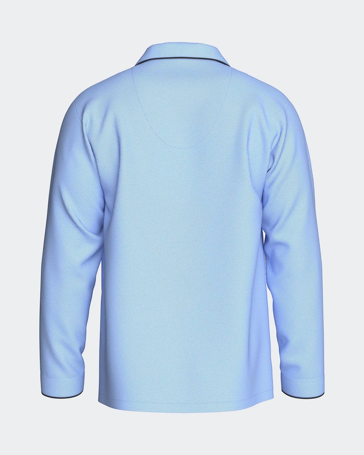 Maison Sarava light blue cotton pajama set with black piping on collar and cuffs. Long-sleeved button-down shirt.