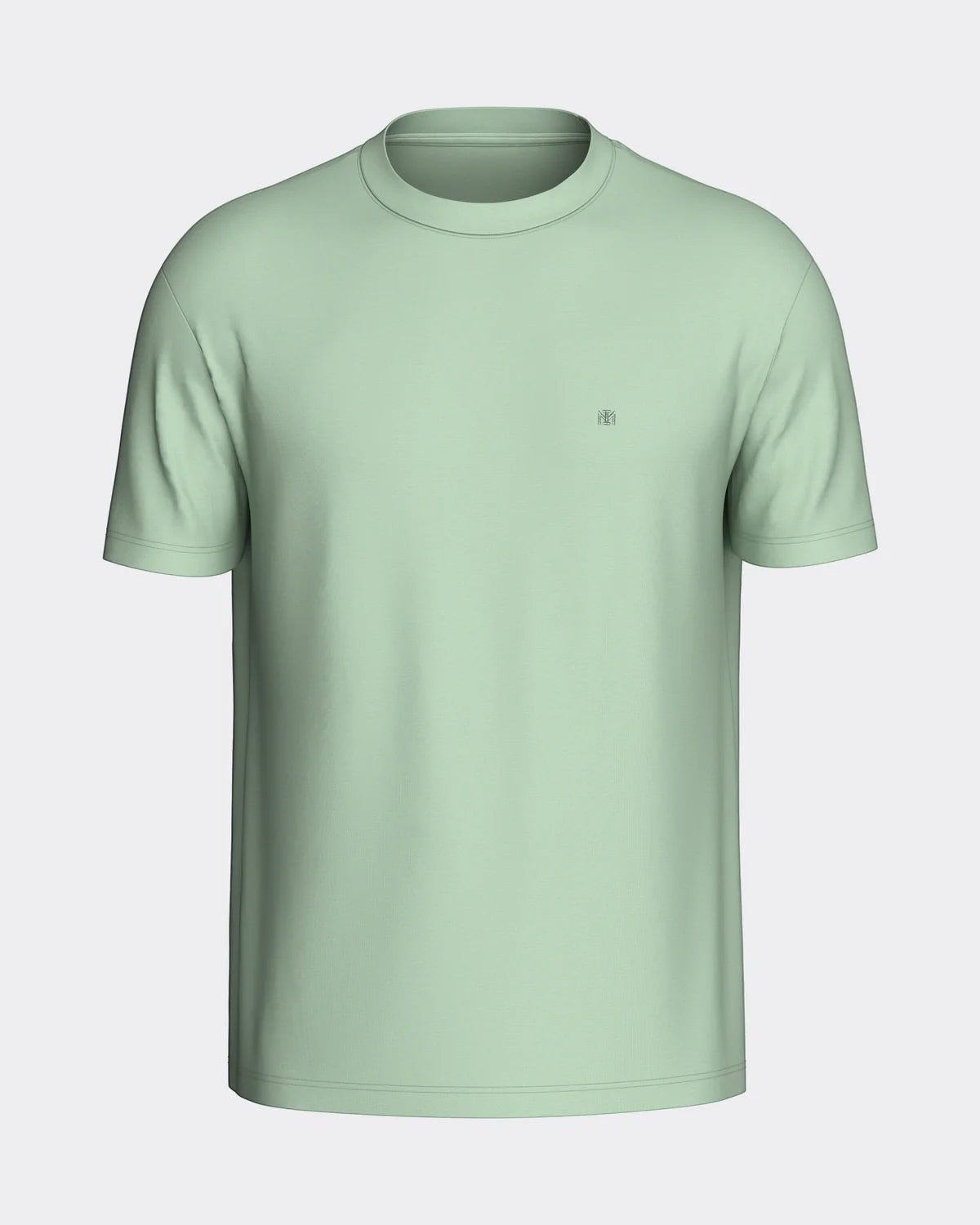 Maison Sarava men's light green cotton t-shirt with round neck and subtle chest embroidery.
