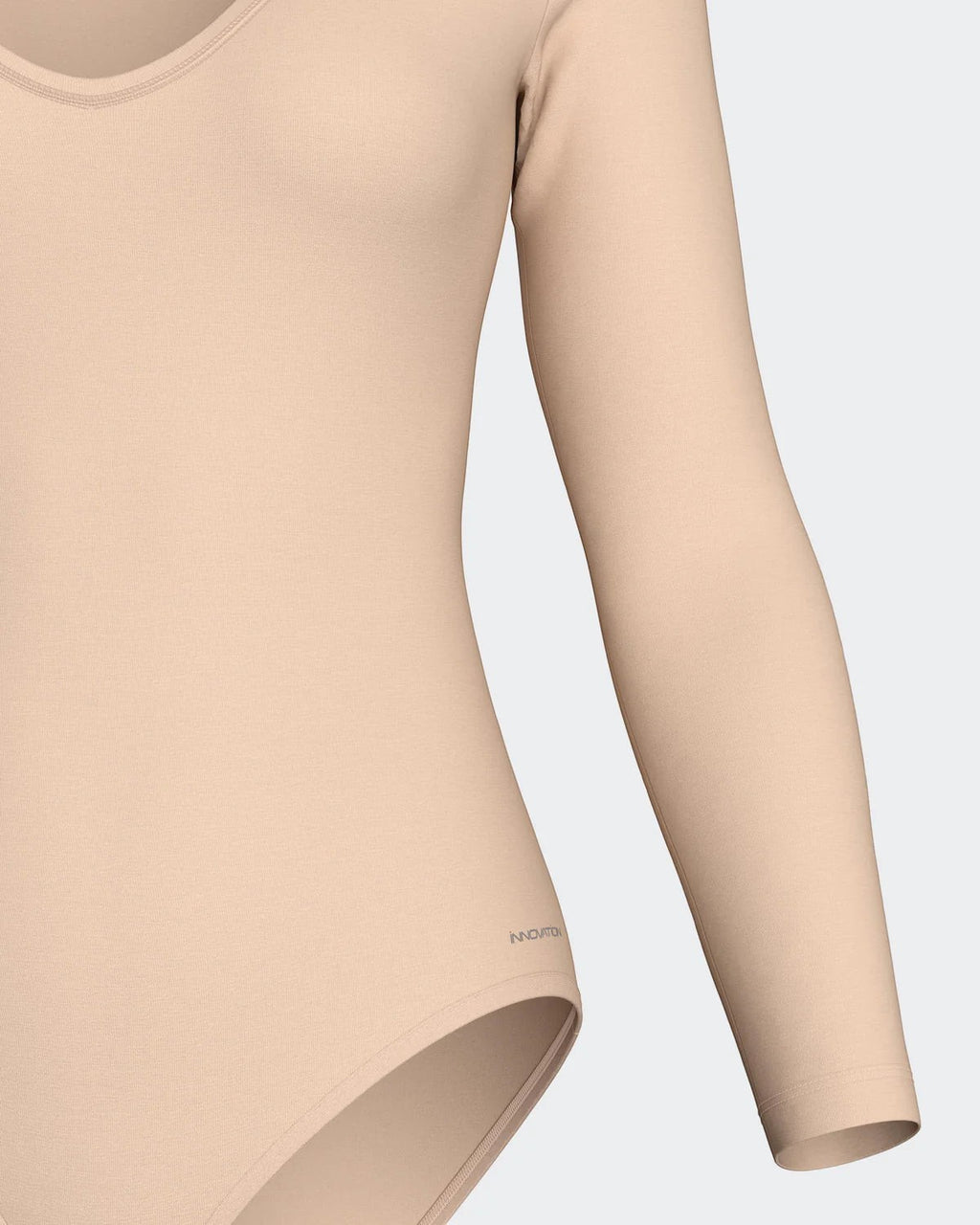 Maison Sarava long sleeve V-neck bodysuit in a soft, breathable beige fabric. Seamless design for a smooth silhouette.