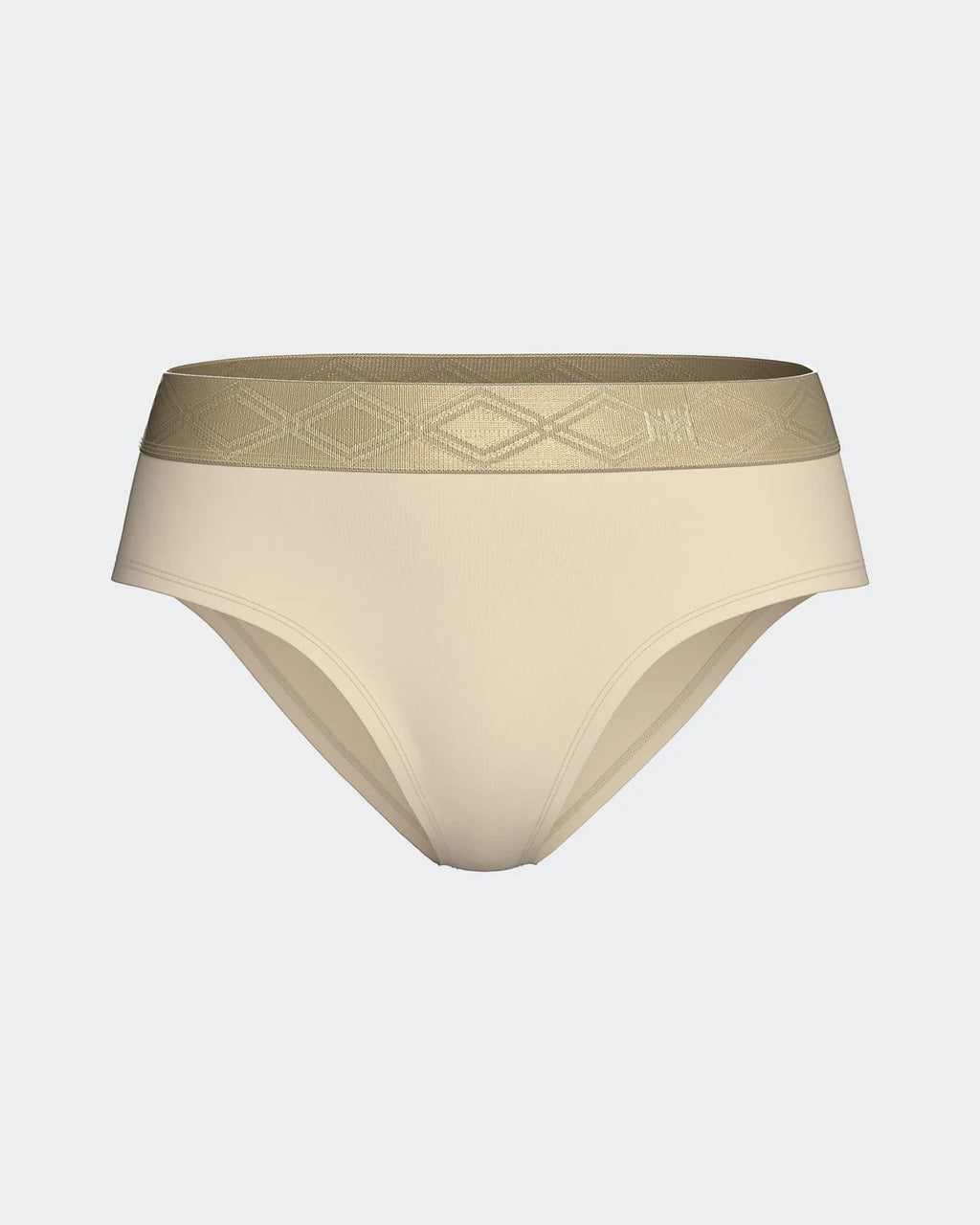 Maison Sarava women's beige briefs made from TENCEL™ Lyocell with a satin elasticated waistband featuring a diamond pattern.