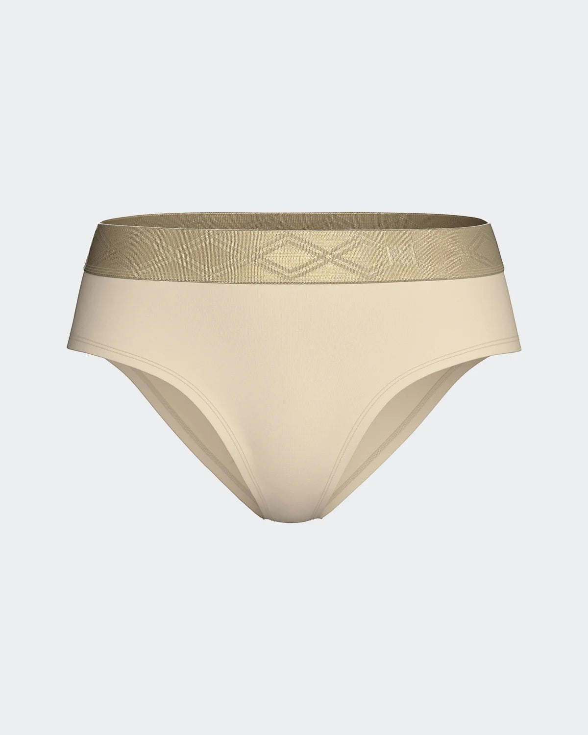 Maison Sarava women's beige briefs made from TENCEL™ Lyocell with a satin elasticated waistband featuring a diamond pattern.