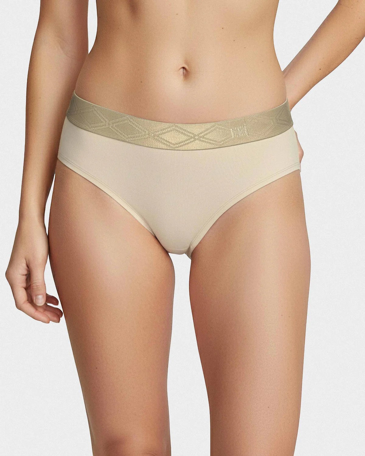 Maison Sarava women's beige briefs in Lyocell with a satin elasticated waistband featuring a diamond pattern.