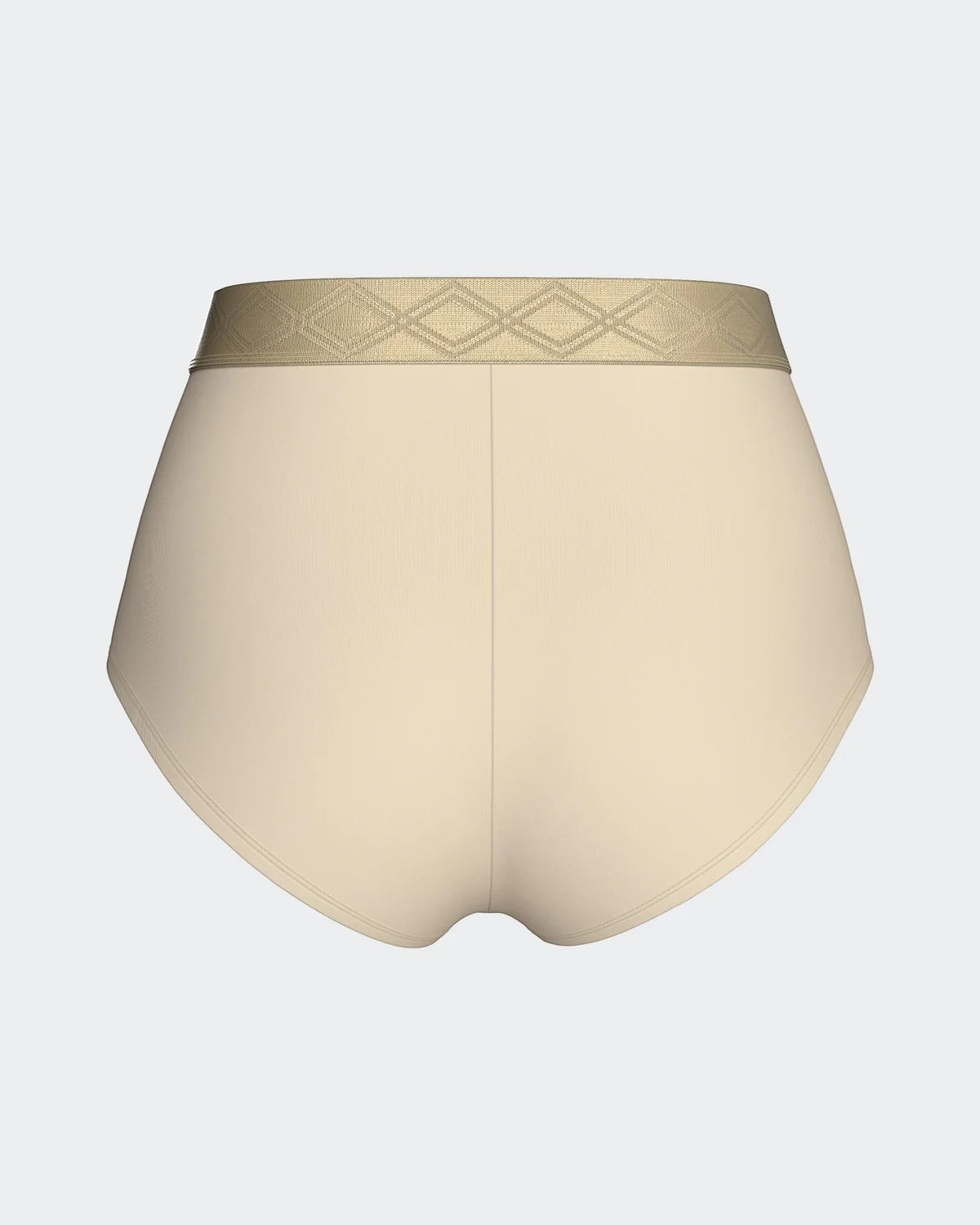 Maison Sarava women's high-waisted briefs in pale beige Lyocell with a decorative satin elastic waistband.