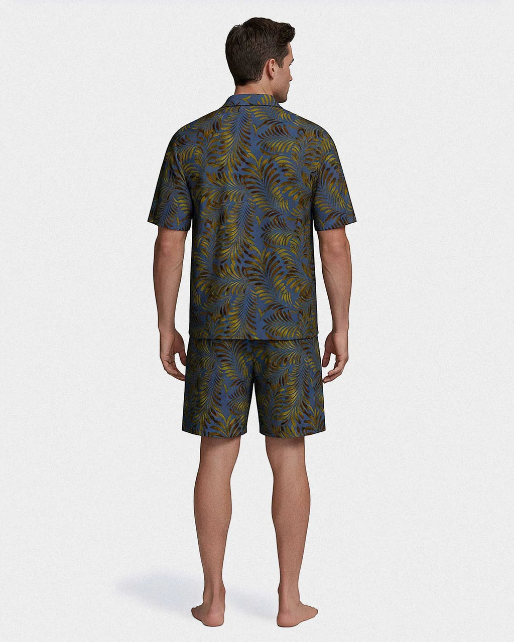 Maison Sarava men's blue lyocell lounge set with tropical print, short sleeves, lapel collar shirt and drawstring shorts.