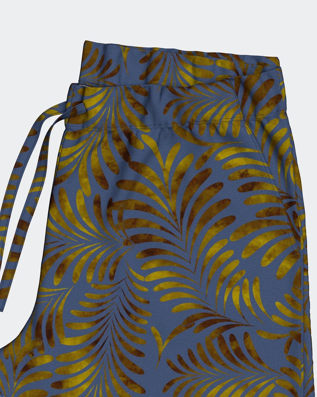 Maison Sarava men's blue lyocell lounge set with tropical leaf print, drawstring waist shorts.