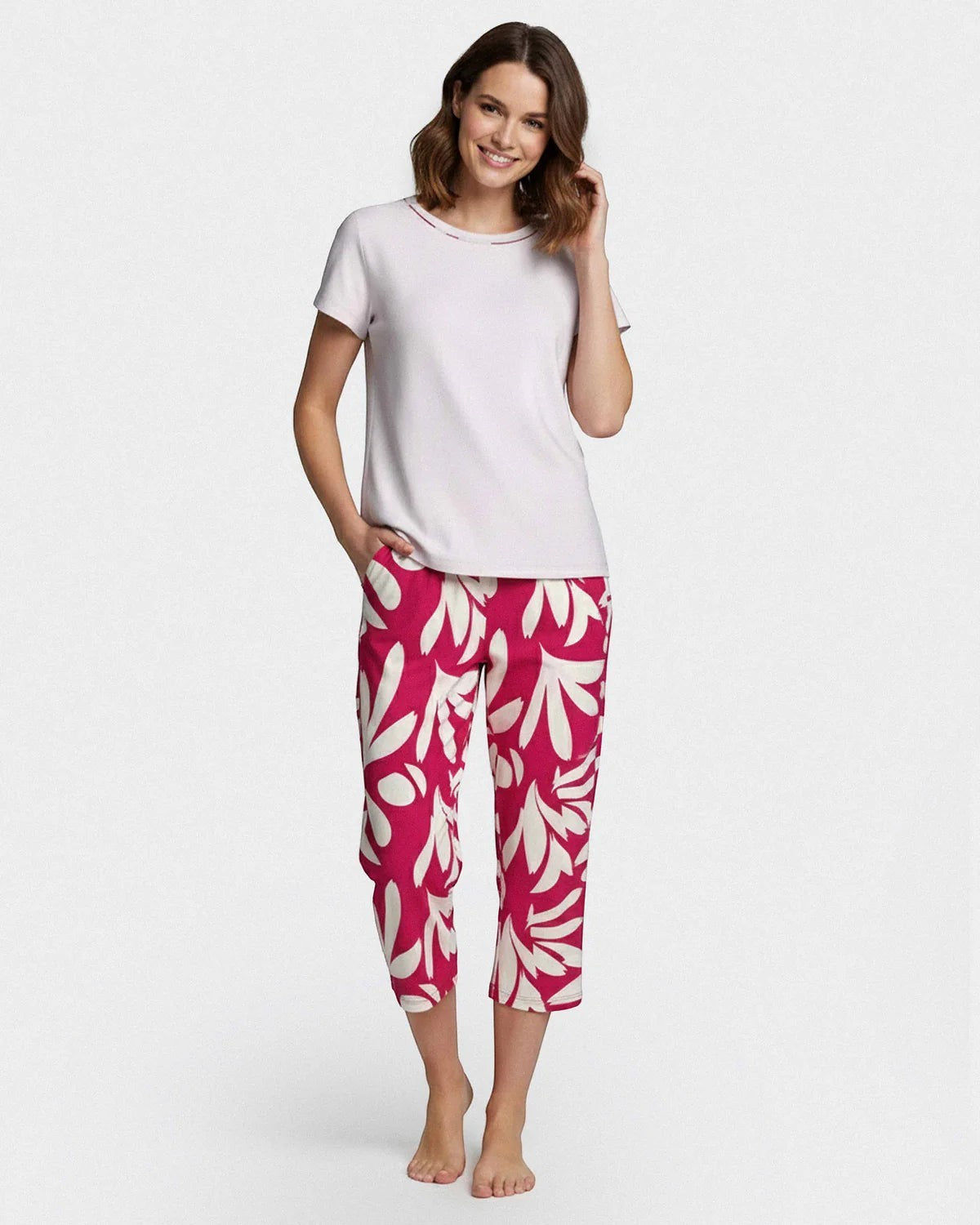 Maison Sarava women's light pink short-sleeve lyocell lounge top with floral print capri pants.