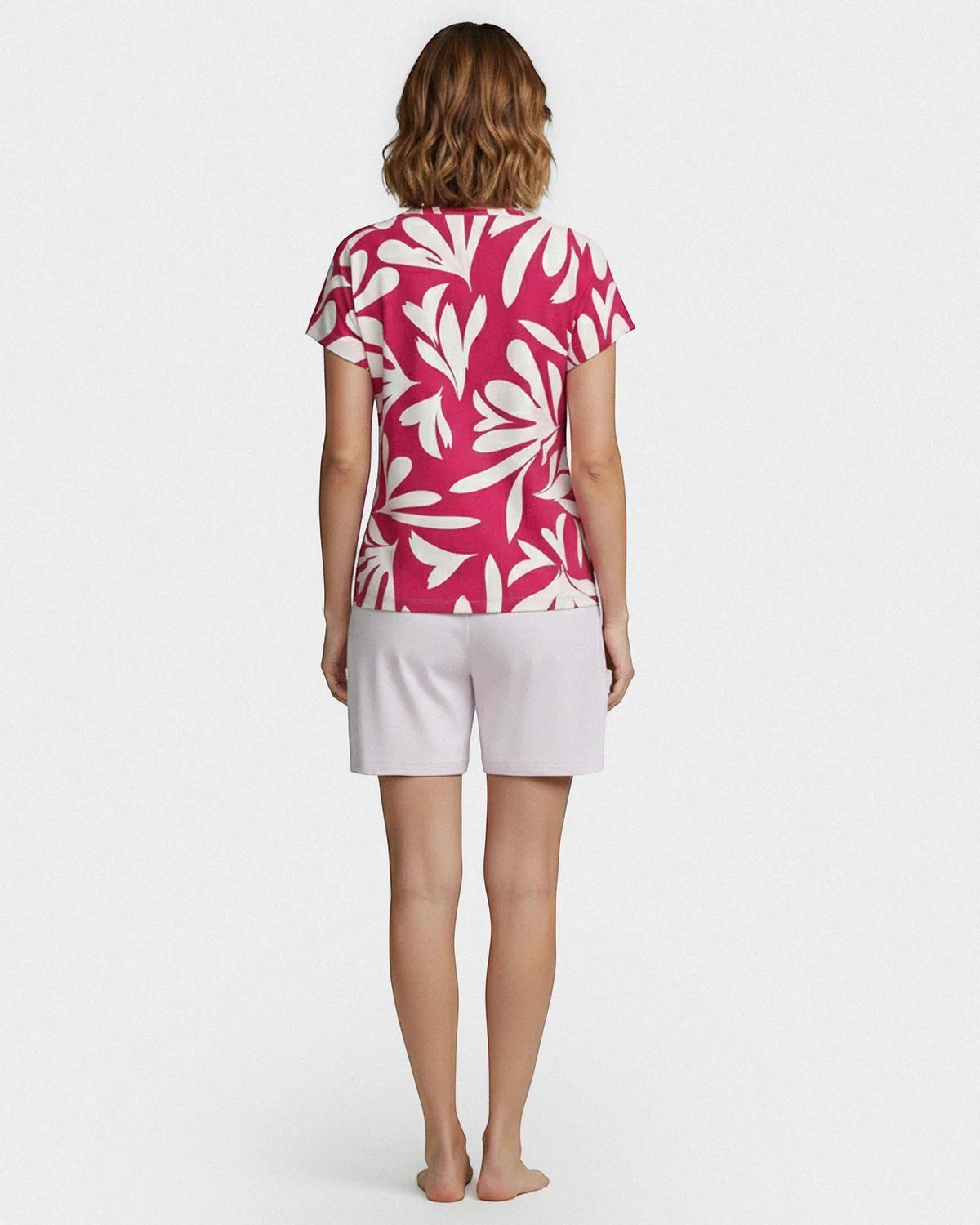 Maison Sarava women's pink floral print lyocell short sleeve top and light purple shorts lounge set.