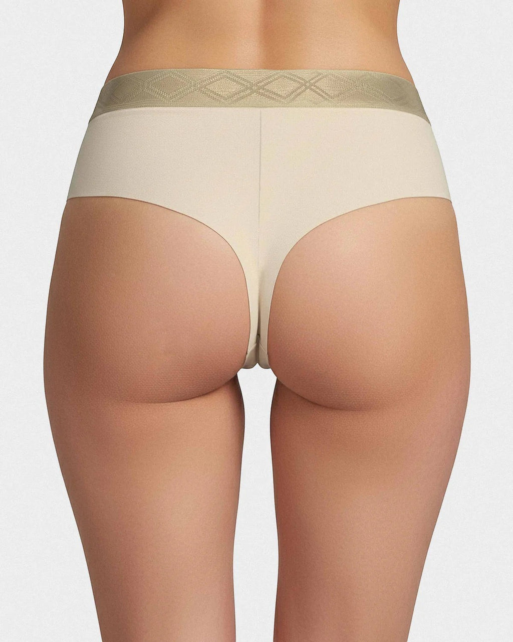 Maison Sarava women's beige thong in Lyocell with a satin elasticated waistband featuring a diamond pattern.