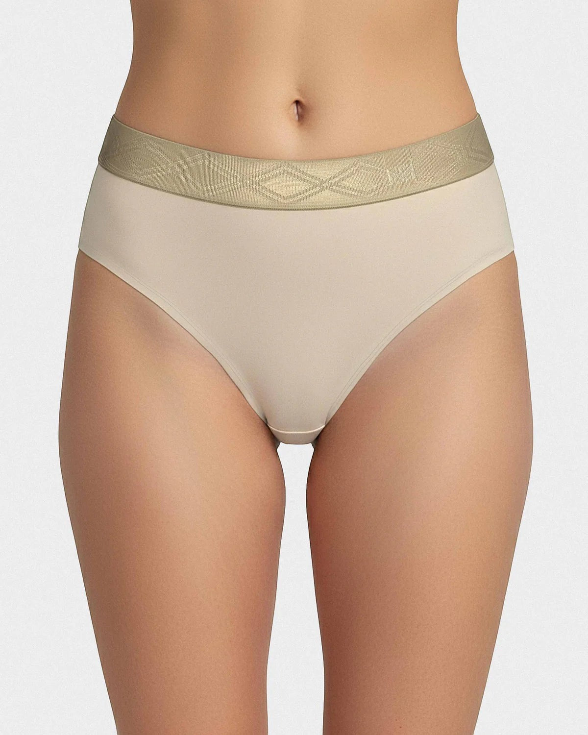 Maison Sarava women's beige thong in Lyocell with a gold satin elasticated waistband featuring a diamond pattern.