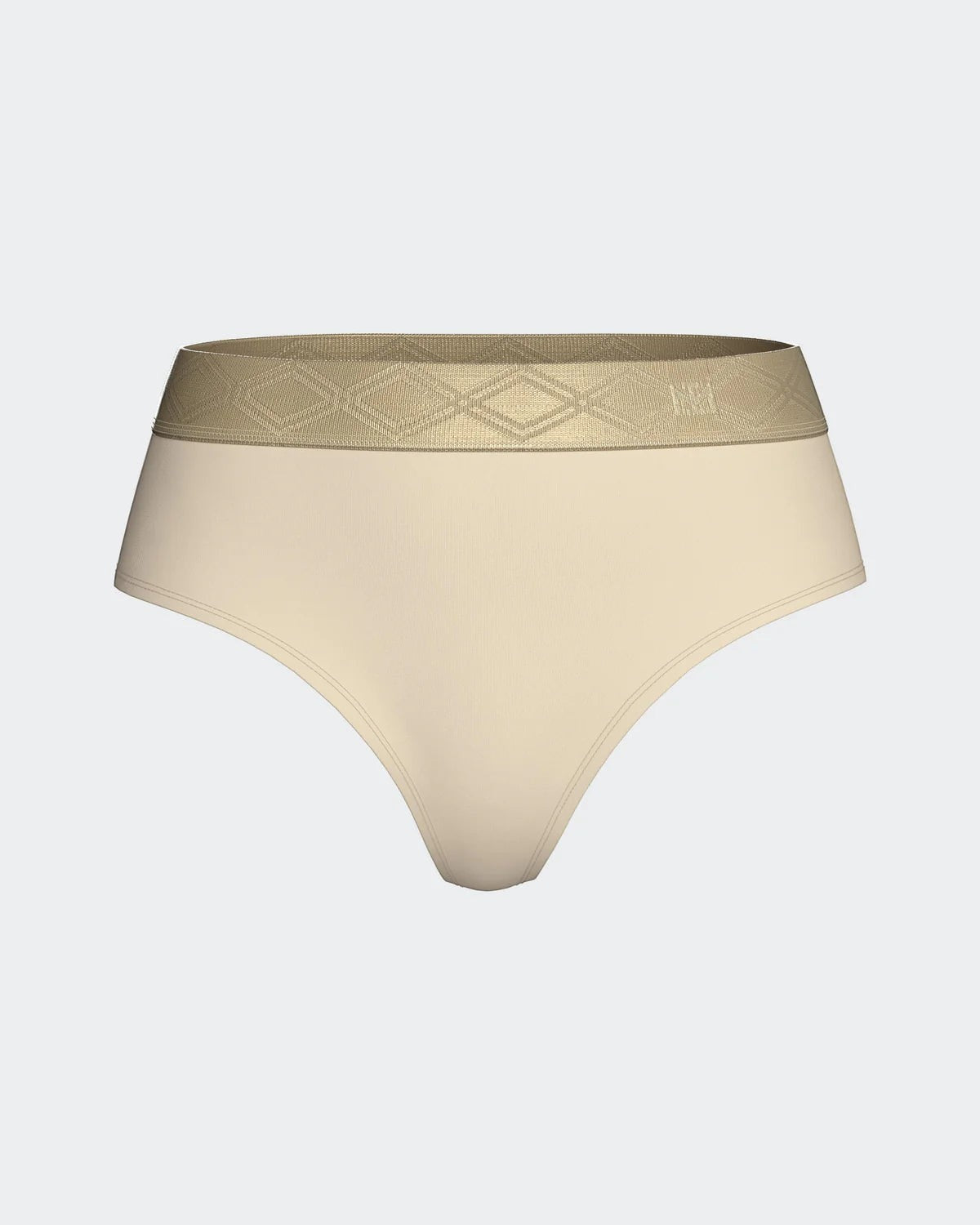 Maison Sarava women's beige thong made from TENCEL™ Lyocell with a satin elasticated waistband featuring a diamond pattern.