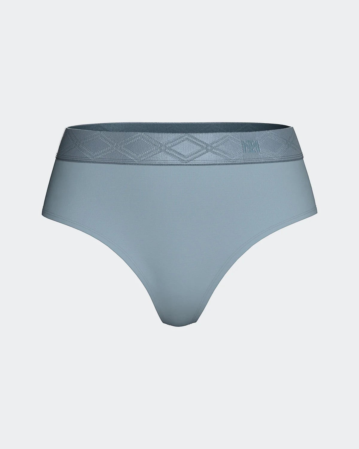 Maison Sarava women's light blue thong made from TENCEL™ Lyocell with a satin elasticated waistband featuring a diamond pattern.