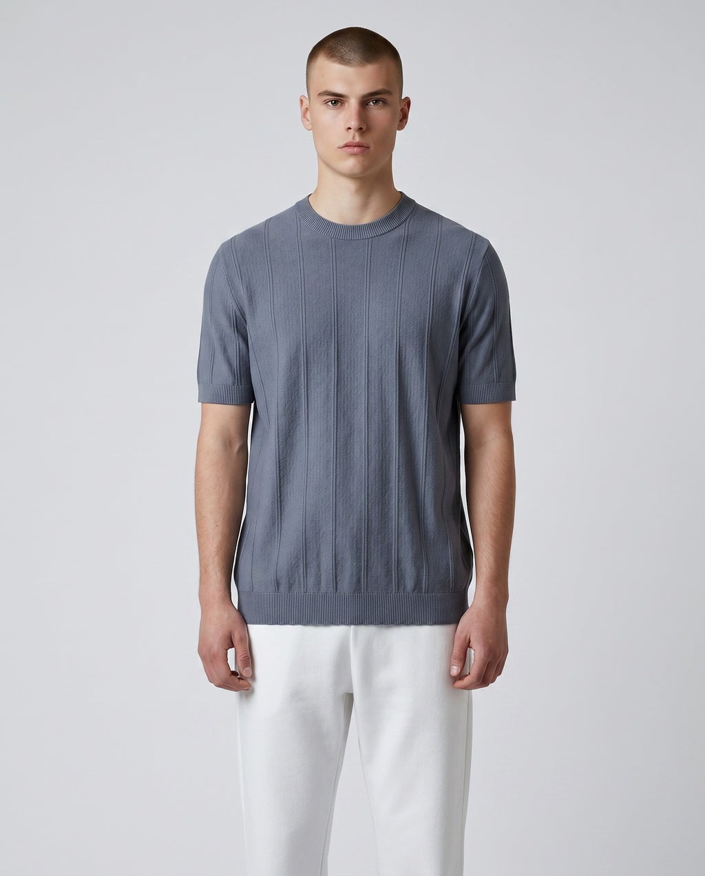 Maison Sarava men's dark grey short-sleeved t-shirt in 100% Lyocell with a ribbed round neckline and subtle vertical texture.
