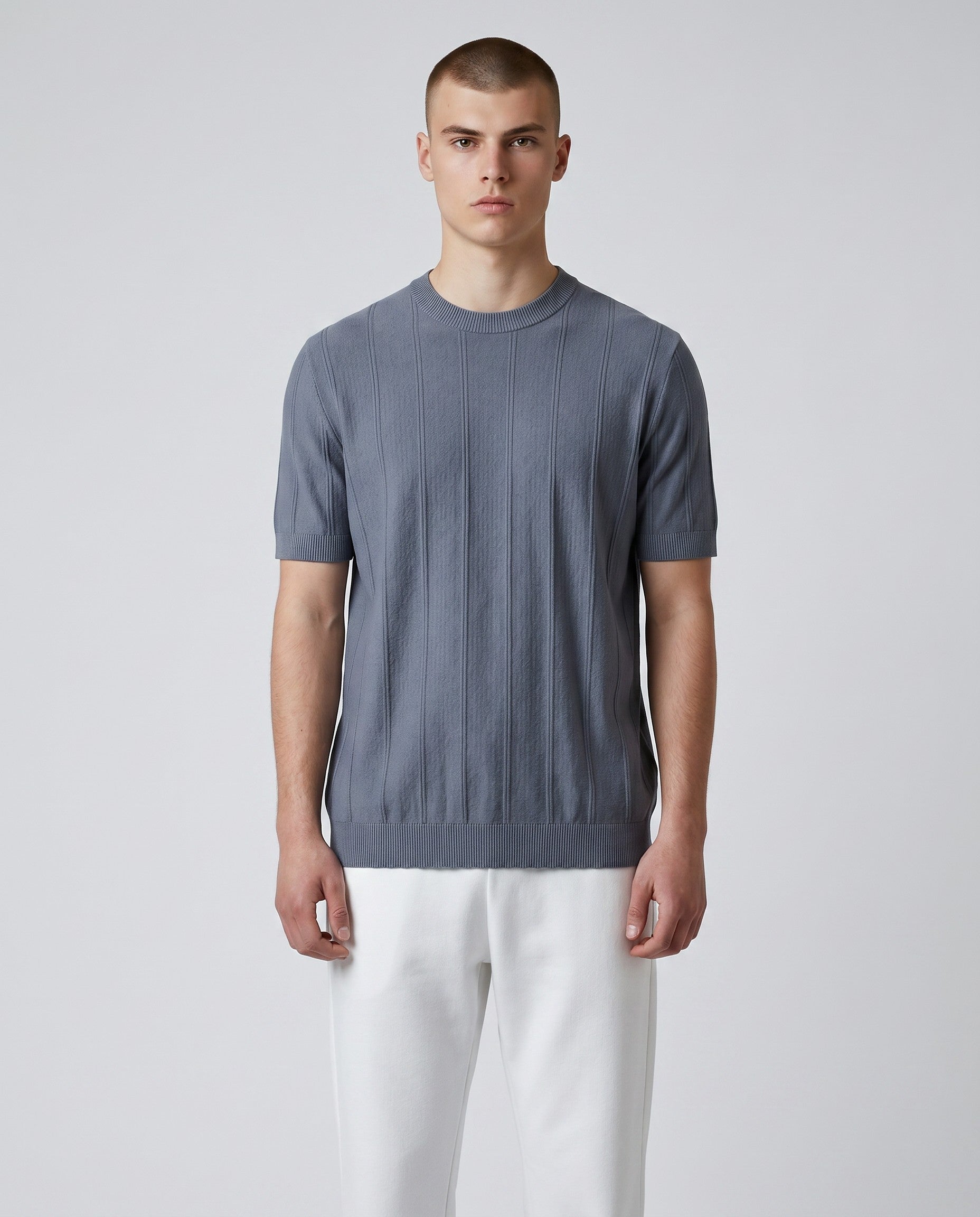 Maison Sarava men's dark grey short-sleeved t-shirt in 100% Lyocell with a ribbed round neckline and subtle vertical texture.