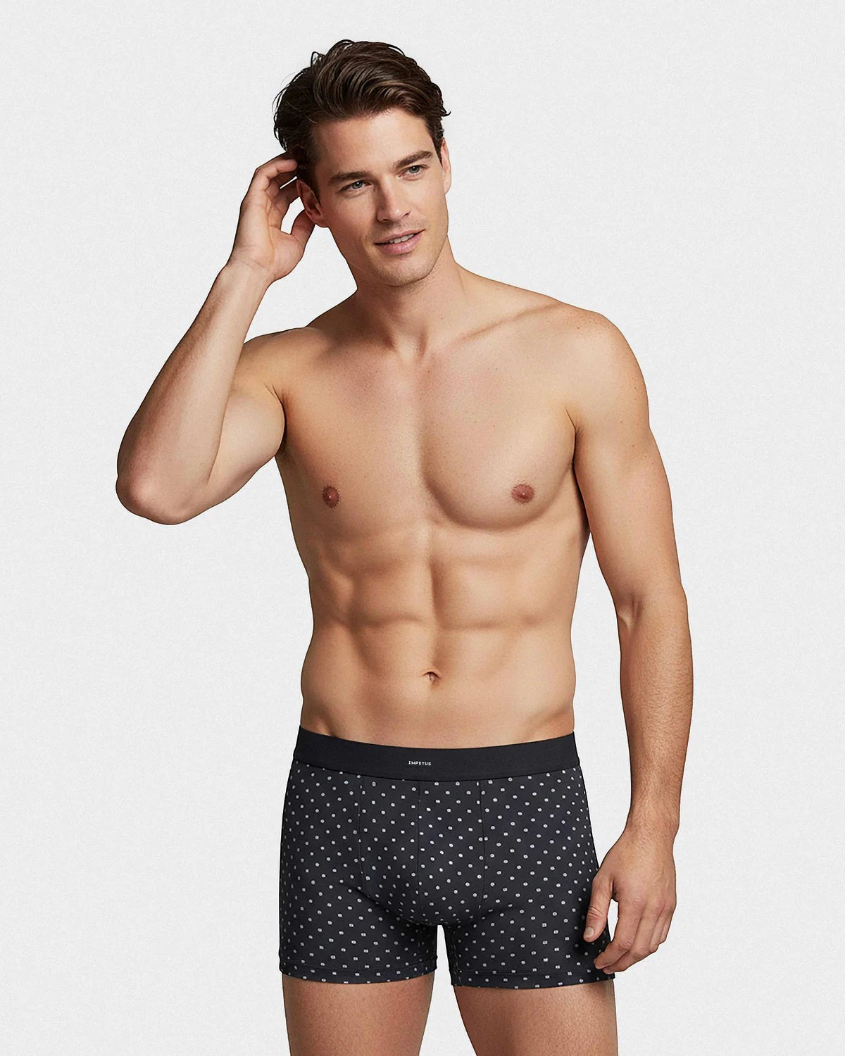 Maison Sarava men's black cotton elastane boxer briefs with a subtle white micro-logo pattern and comfortable waistband.