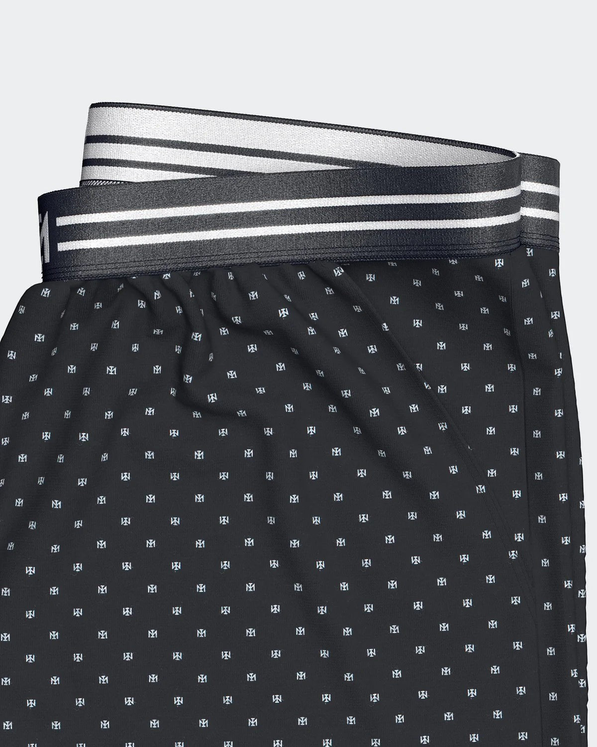 Maison Sarava men's black 100% cotton lounge shorts with white micro logo pattern and striped elastic waistband.