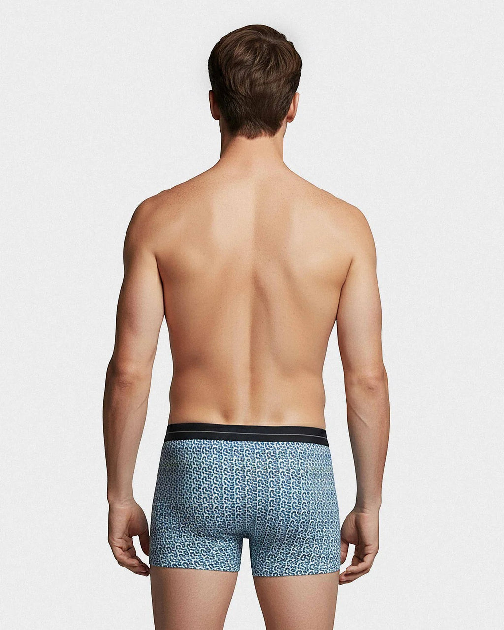 Maison Sarava men's blue geometric print cotton boxer briefs with elastic waistband. Comfortable fit.
