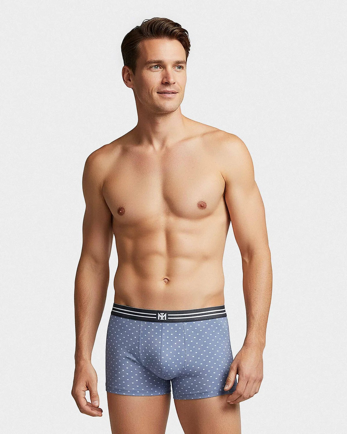 Maison Sarava men's light blue cotton boxer briefs with white micro logo pattern and comfortable elastic waistband.